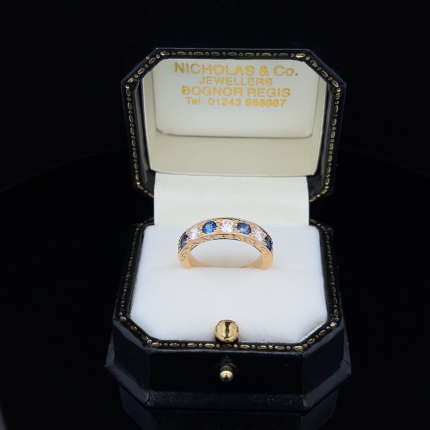 Bespoke Sapphire and Natural Diamond 18ct Gold Carved Half Eternity Ring