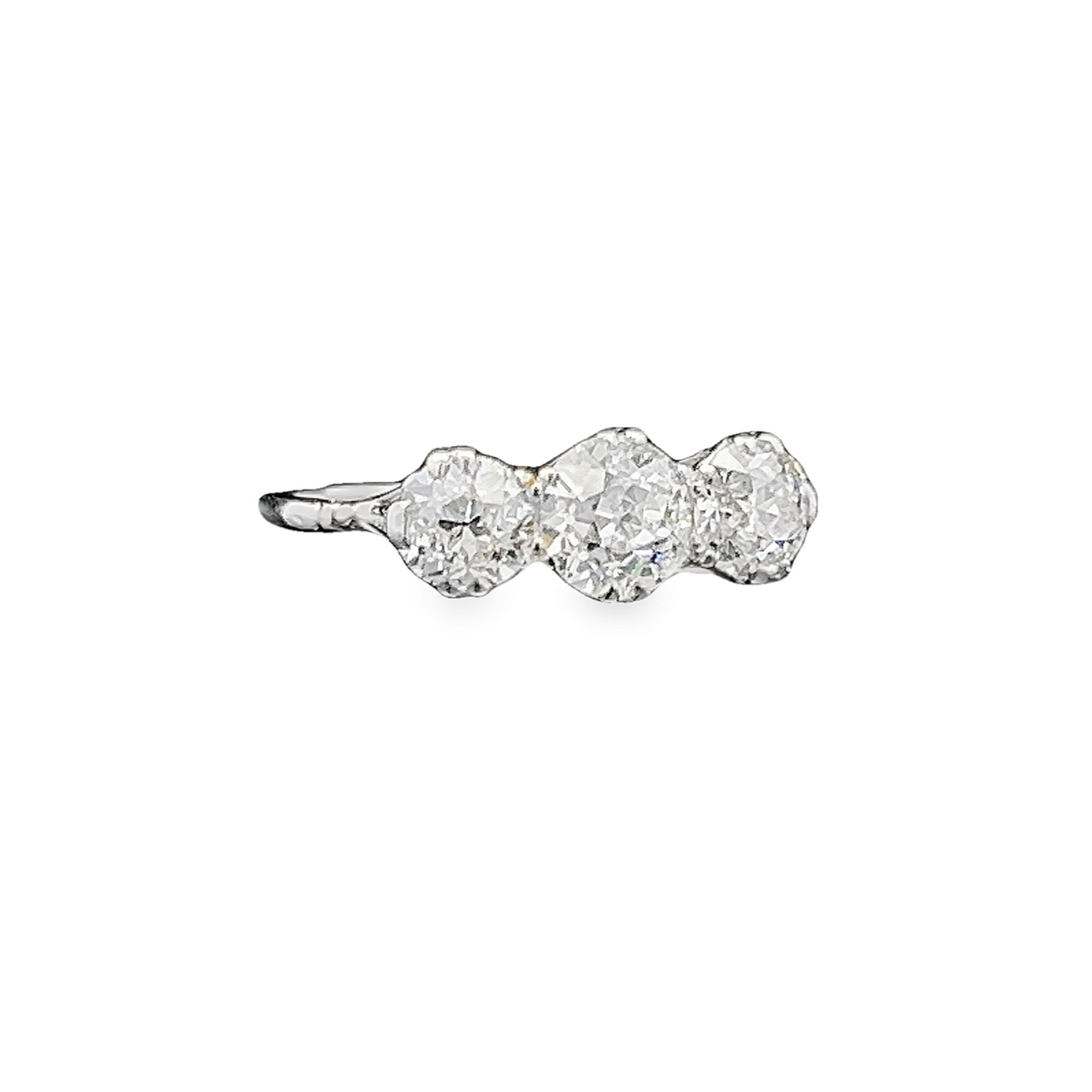 Antique Certificated 1.77 Carat Old European Cut Natural Diamond 3 Stone Platinum Ring