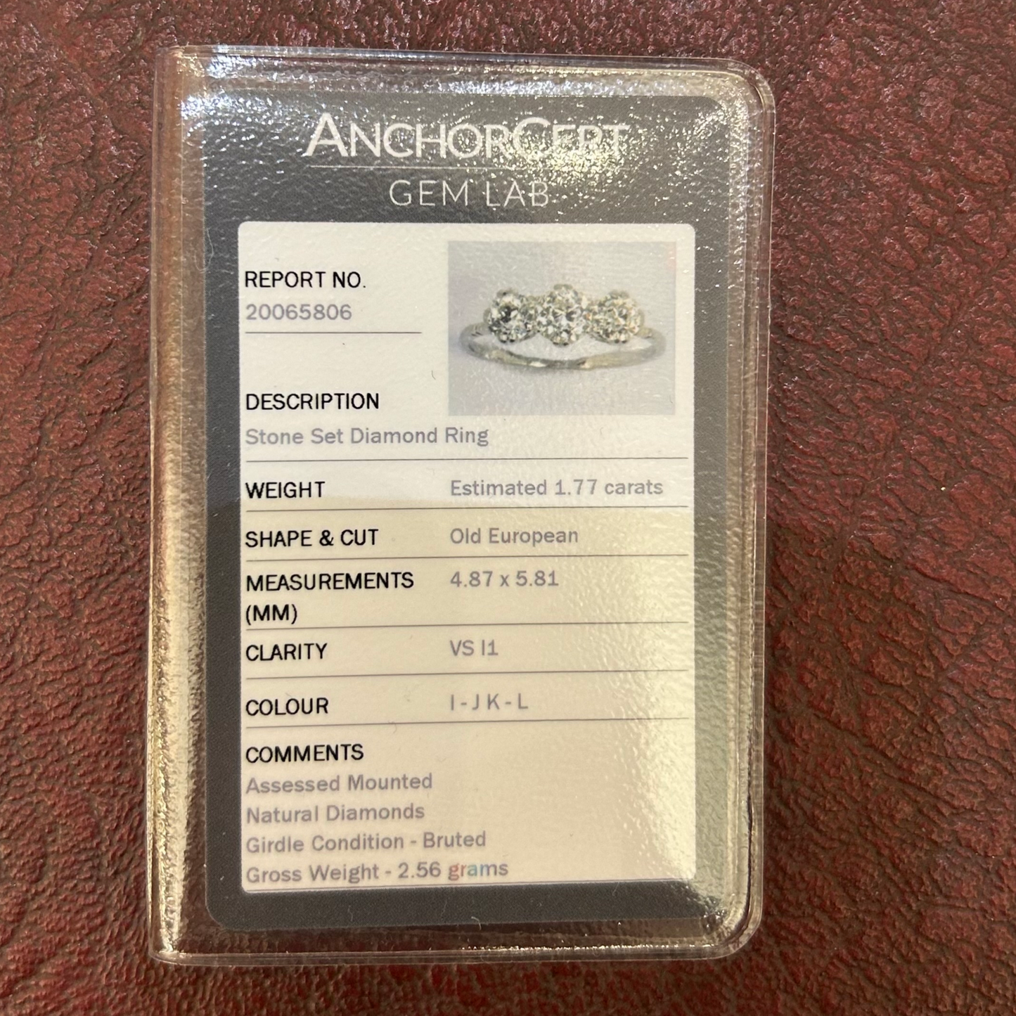 Antique Certificated 1.77 Carat Old European Cut Natural Diamond 3 Stone Platinum Ring