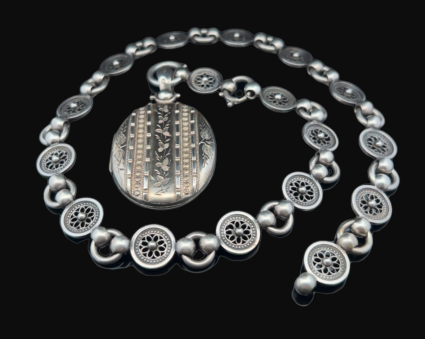 Antique Victorian Silver Locket and Collar Necklace