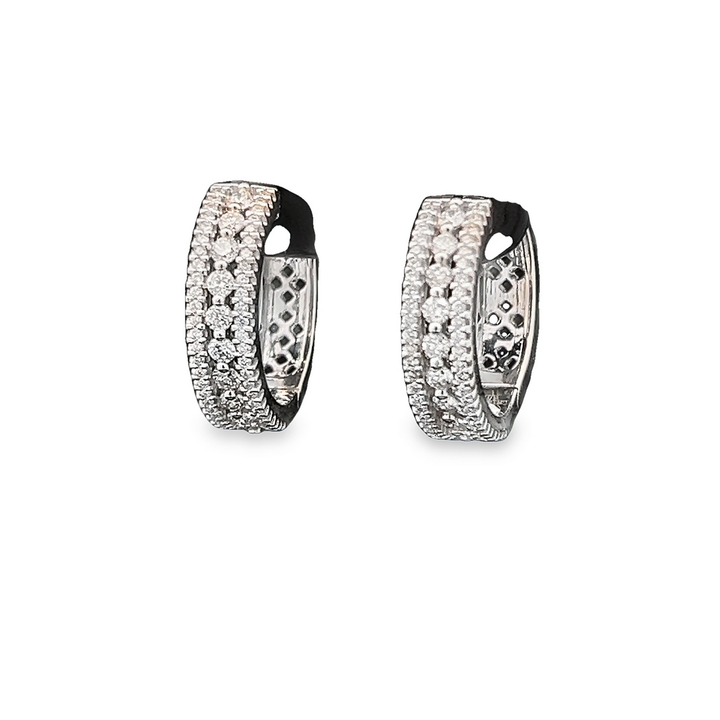 Contemporary Three Row Natural Diamond 18ct White Pave Set Hoop Earrings