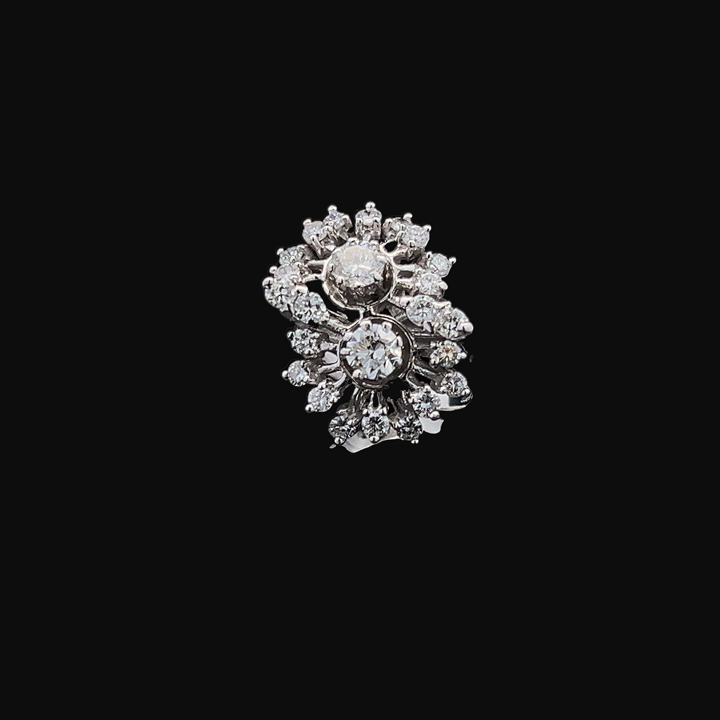 Vintage Diamond 18ct White Gold Double Cluster Cocktail Ring