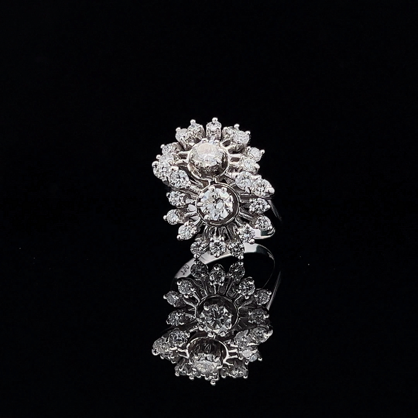 Vintage Diamond 18ct White Gold Double Cluster Cocktail Ring