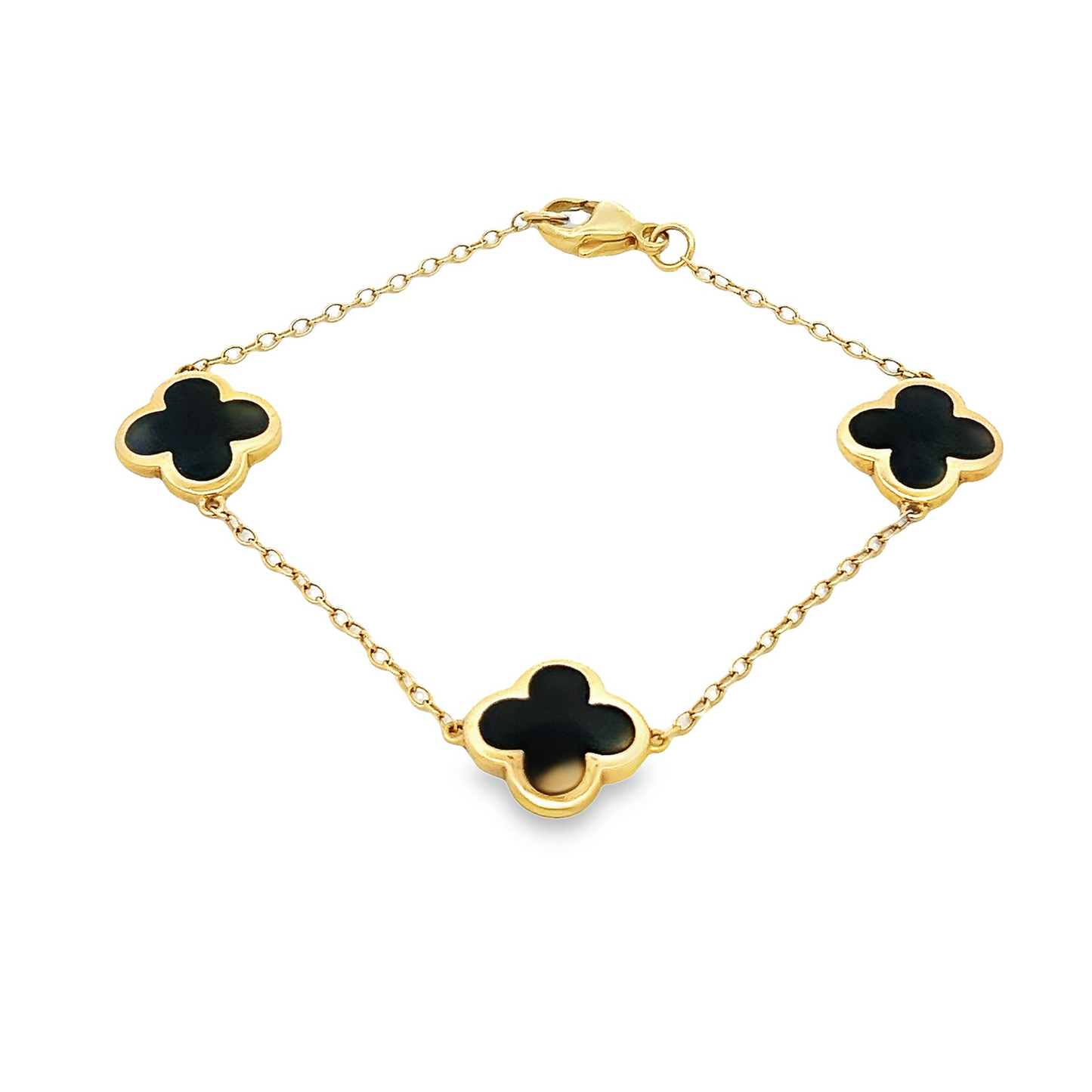 Preloved 9ct Yellow Gold Whitby Jet Bloom Four Leaf Clover Chain Bracelet