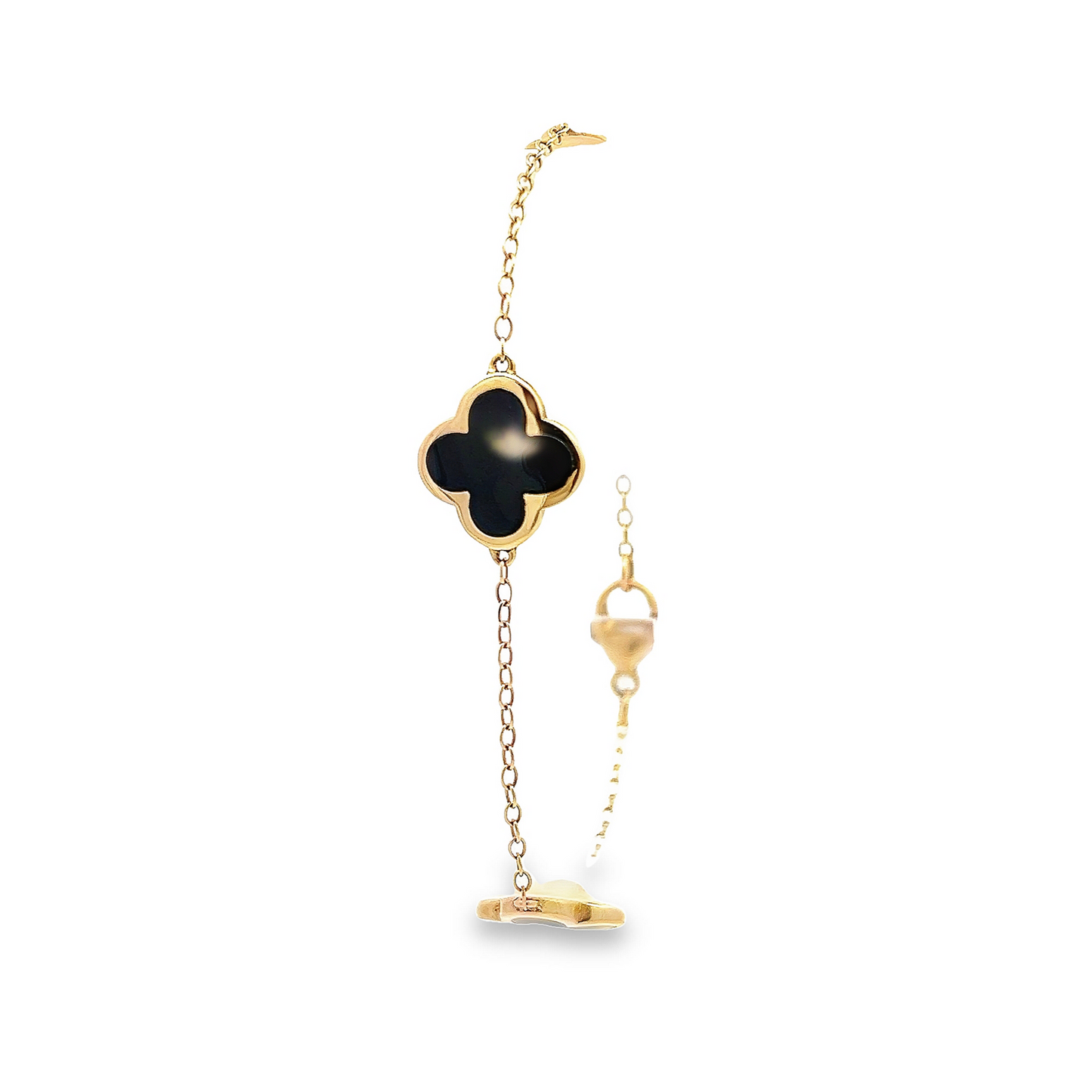 Preloved 9ct Yellow Gold Whitby Jet Bloom Four Leaf Clover Chain Bracelet