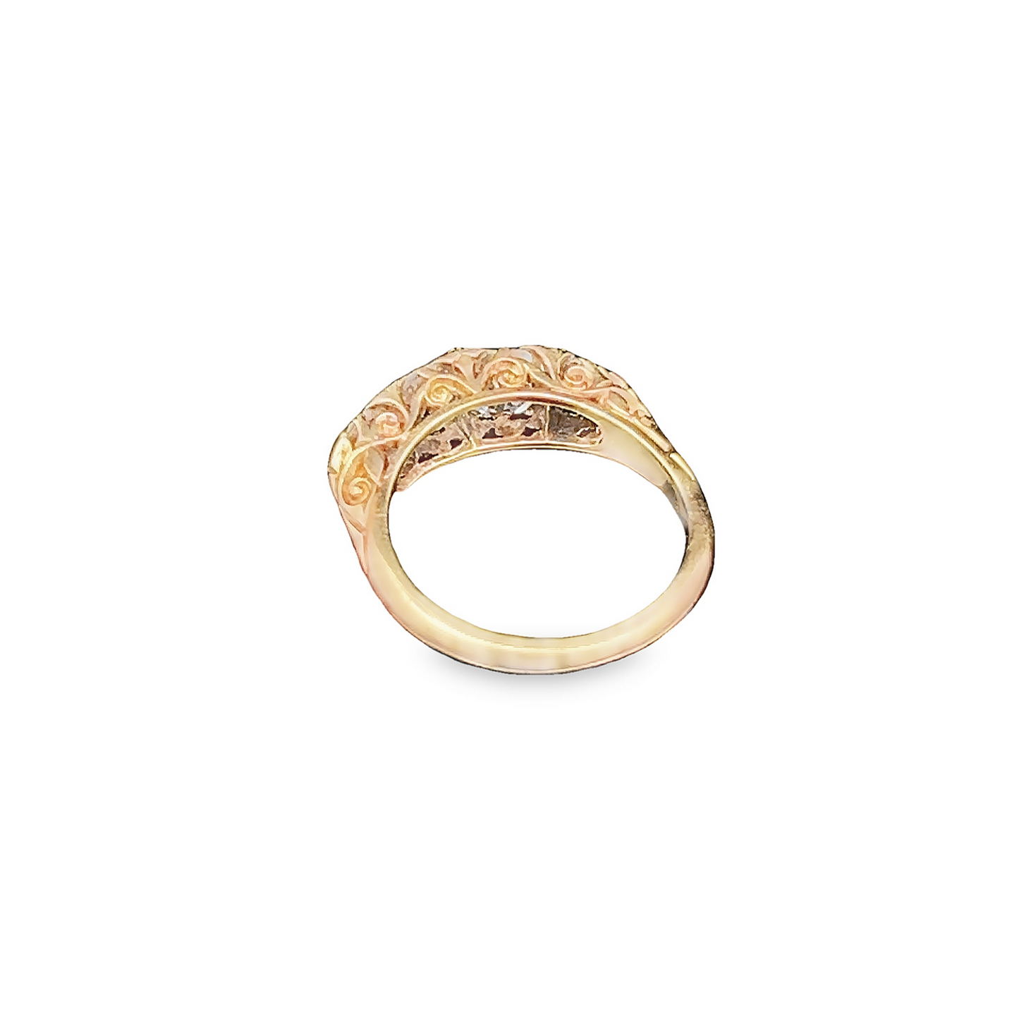 Antique Carved 4 Stone Old European Cut Diamond 18ct Gold Ring