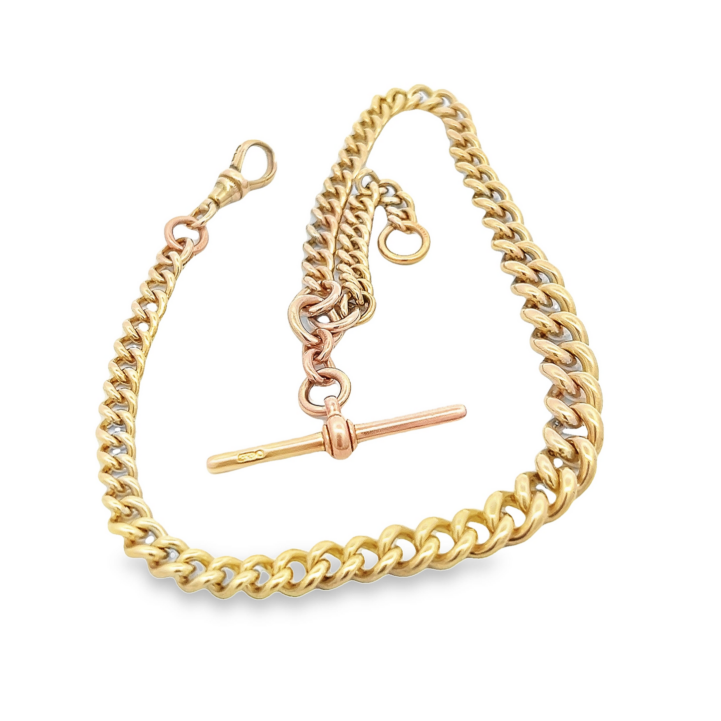 Antique Edwardian 9ct Gold Graduated Curb Link Albert Watch Chain with T-Bar