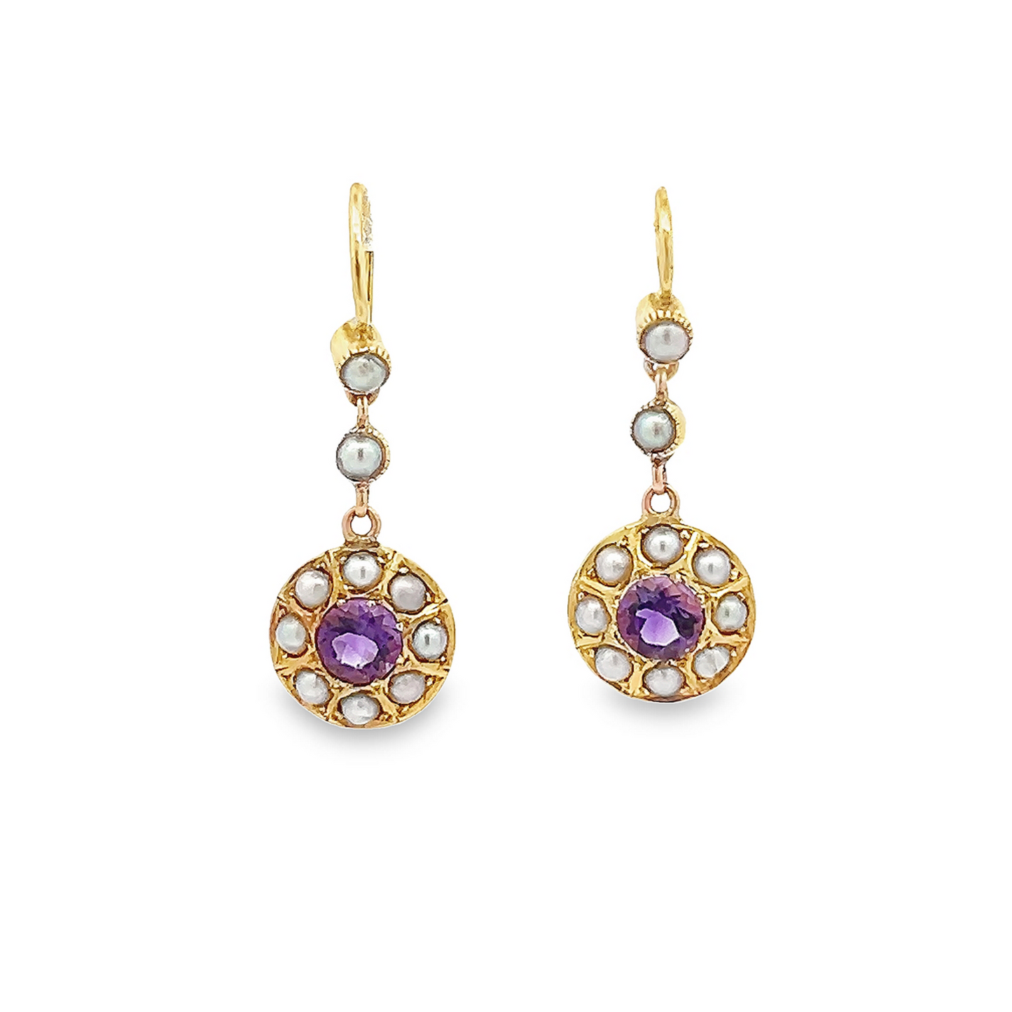 Antique Edwardian Amethyst and Natural Split Pearl 15ct Gold Drop Earrings