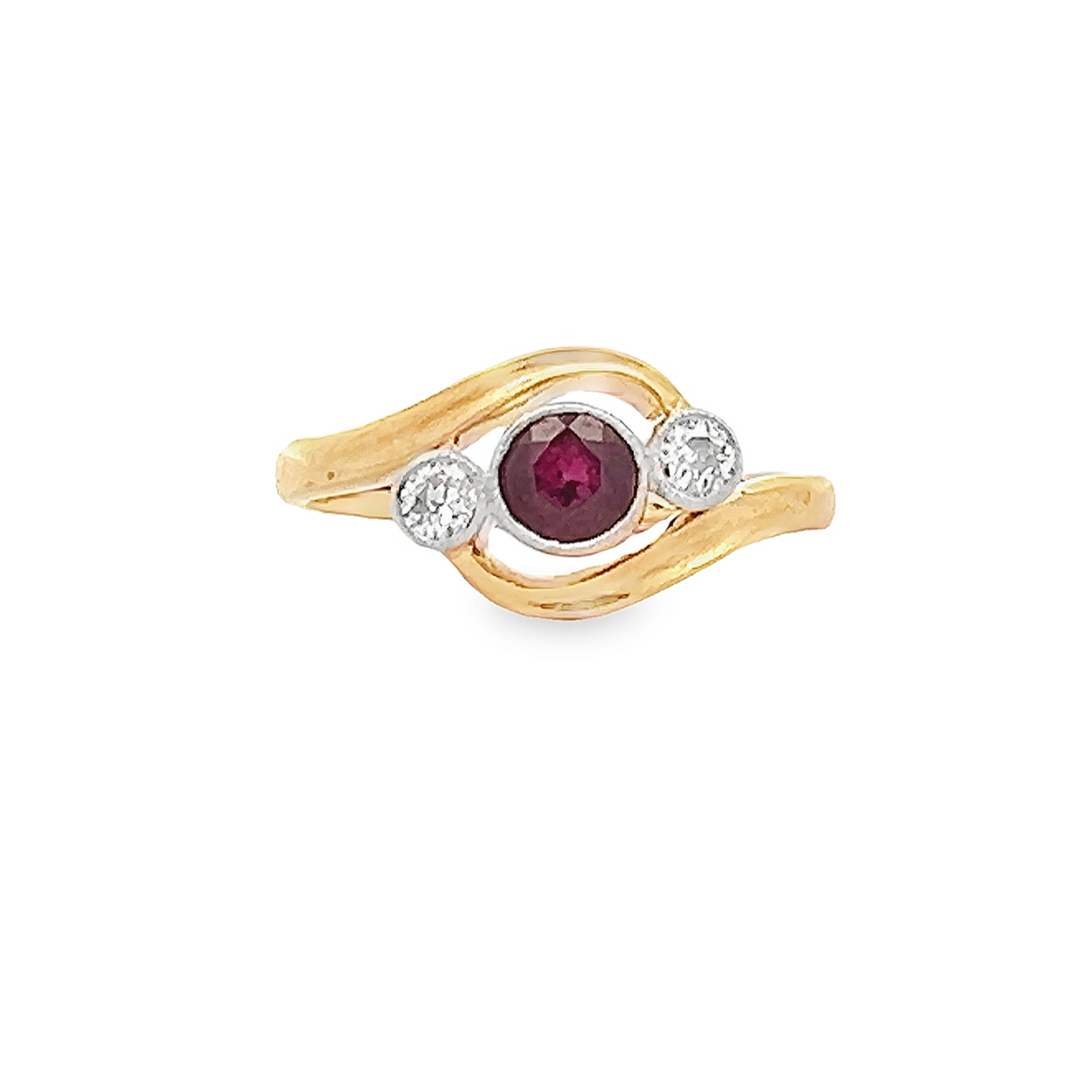 Antique Ruby and Diamond 18ct Gold and Platinum Trilogy Crossover Ring.
