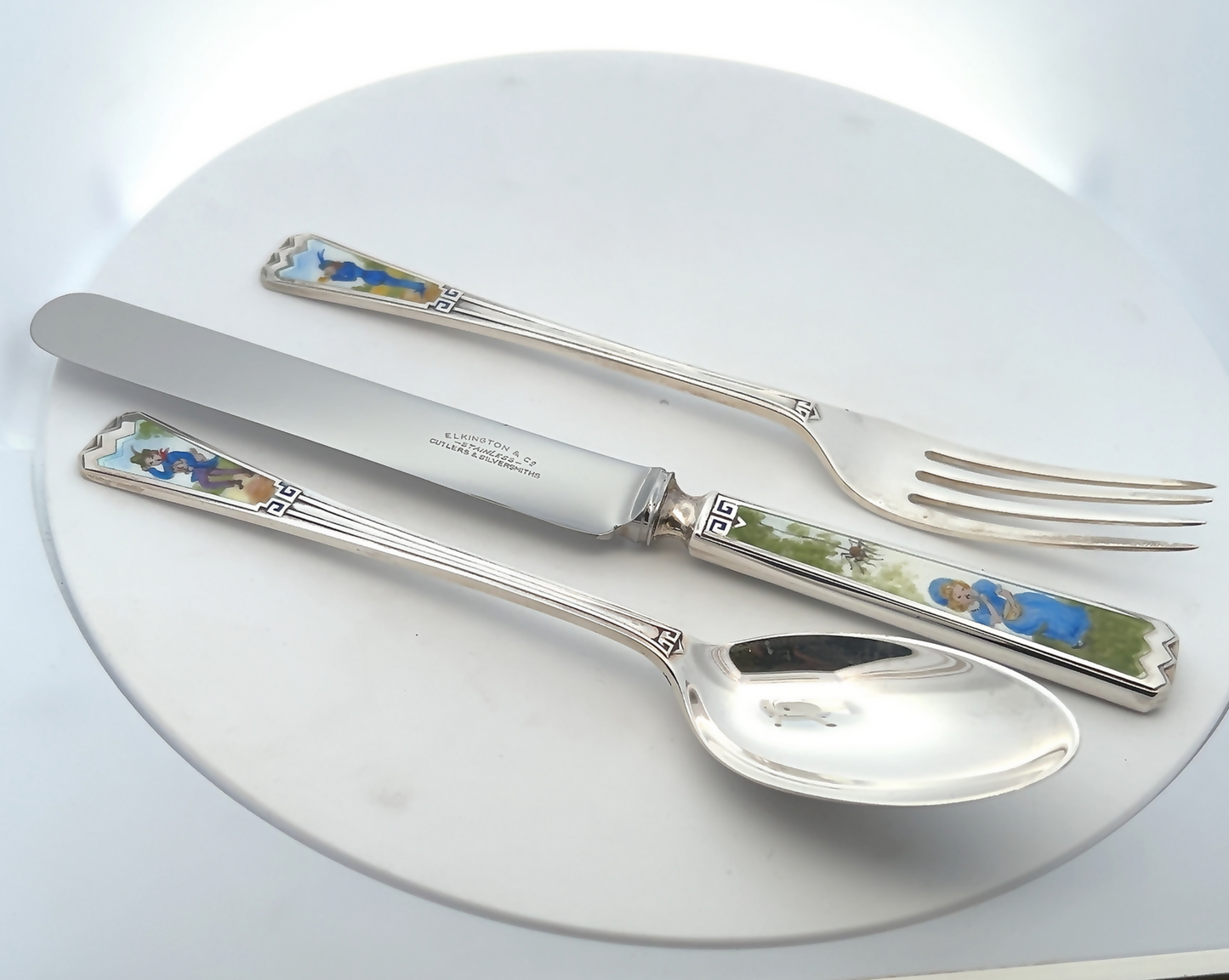 Antique Sterling Silver and Enamel Nursery Rhyme Boxed Christening Set
