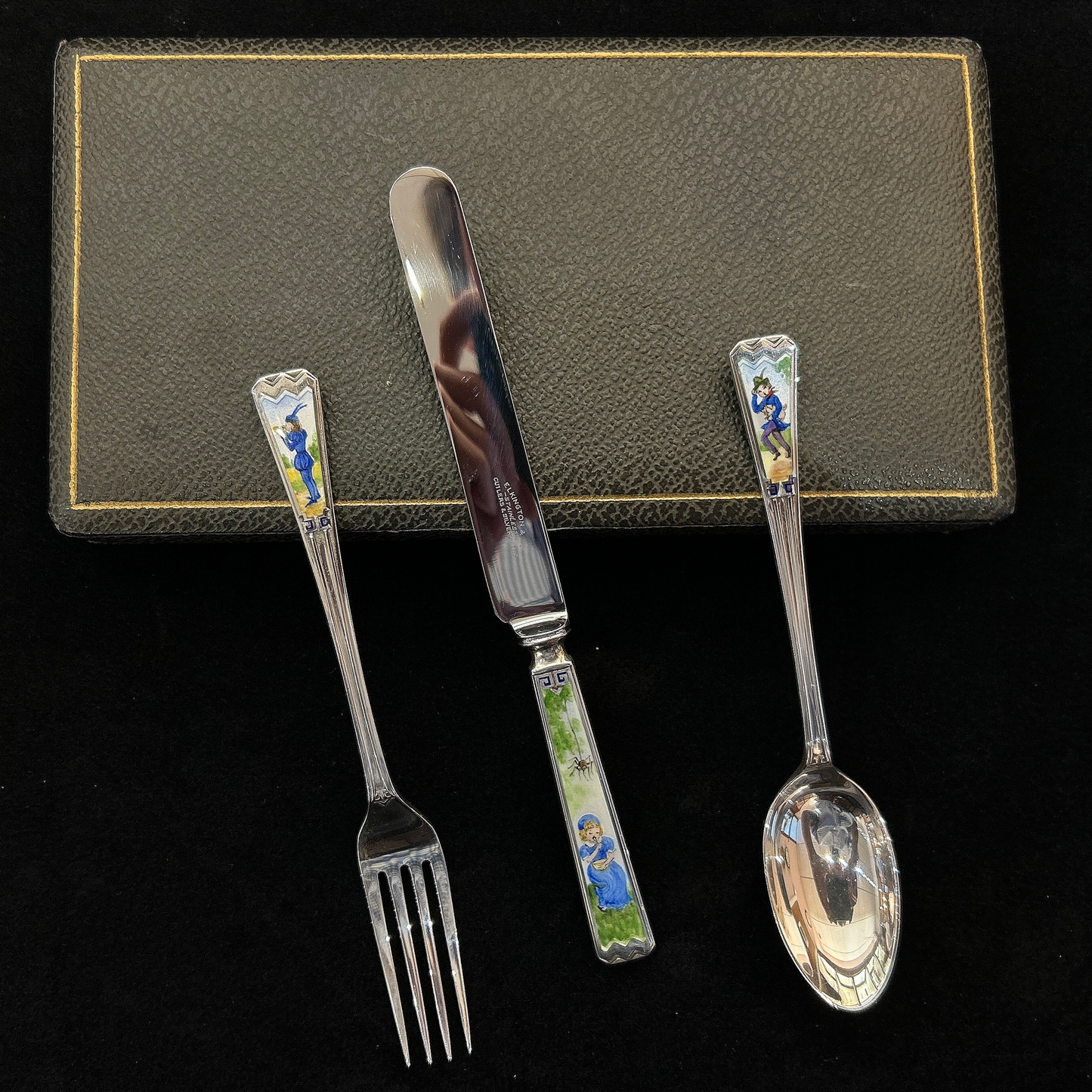 Antique Sterling Silver and Enamel Nursery Rhyme Boxed Christening Set
