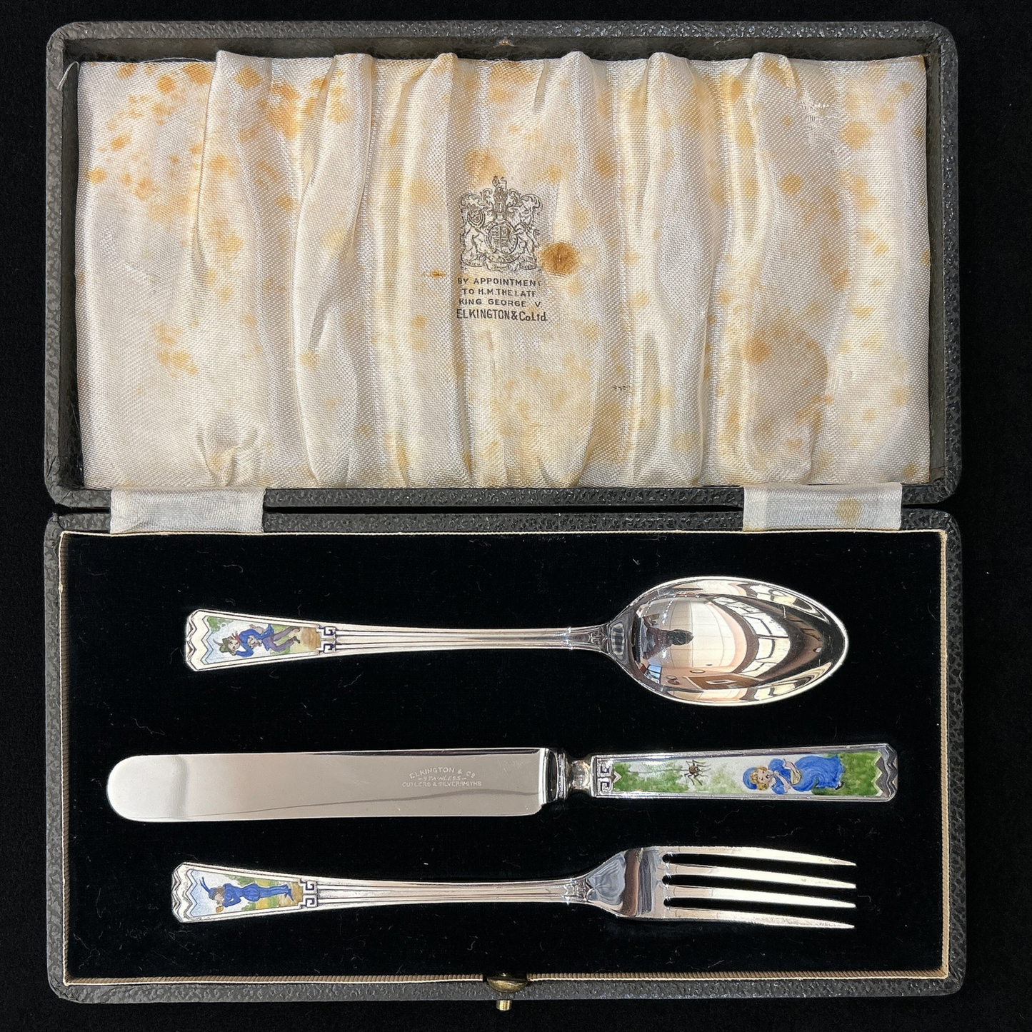 Antique Sterling Silver and Enamel Nursery Rhyme Boxed Christening Set