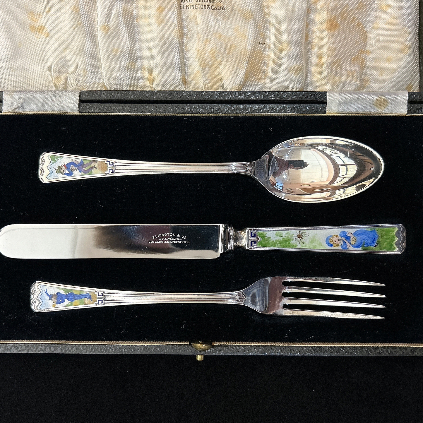 Antique Sterling Silver and Enamel Nursery Rhyme Boxed Christening Set