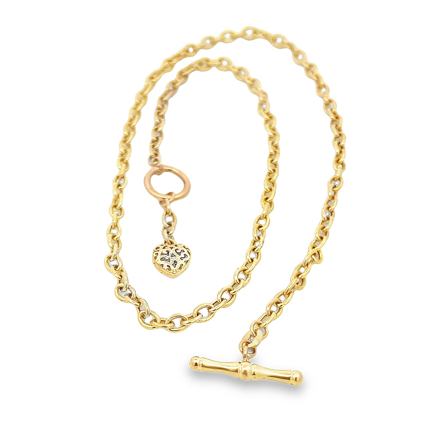 Vintage Oval Belcher Link 9ct Gold Puffy Heart and T-Bar Necklace
