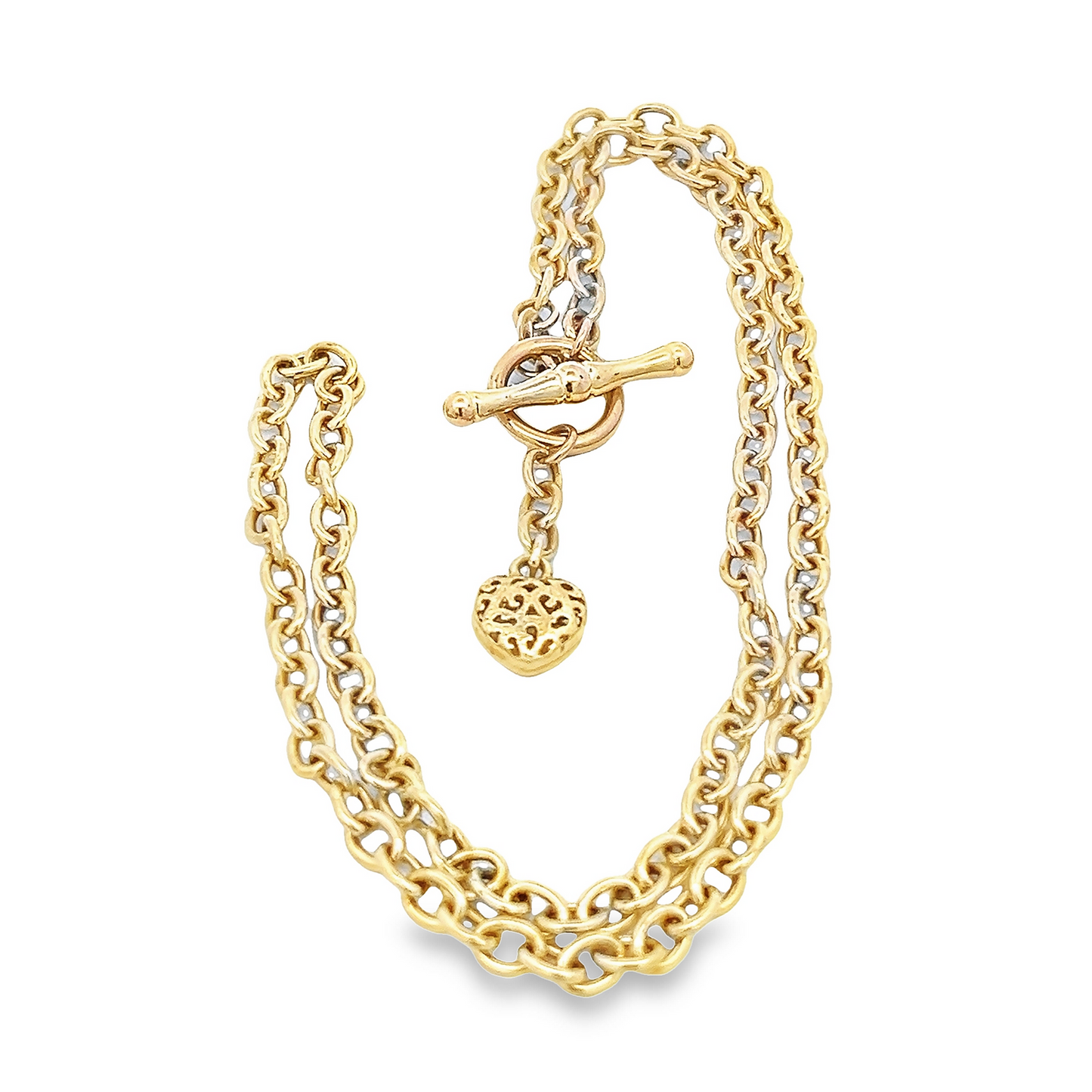 Vintage Oval Belcher Link 9ct Gold Puffy Heart and T-Bar Necklace