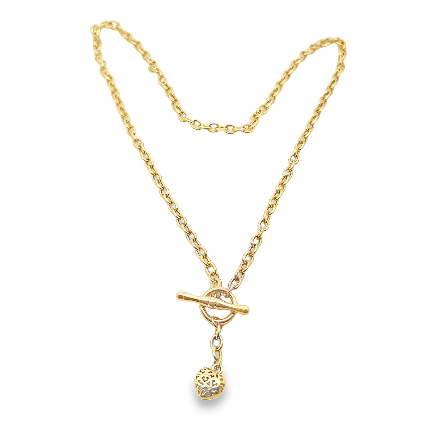 Vintage Oval Belcher Link 9ct Gold Puffy Heart and T-Bar Necklace