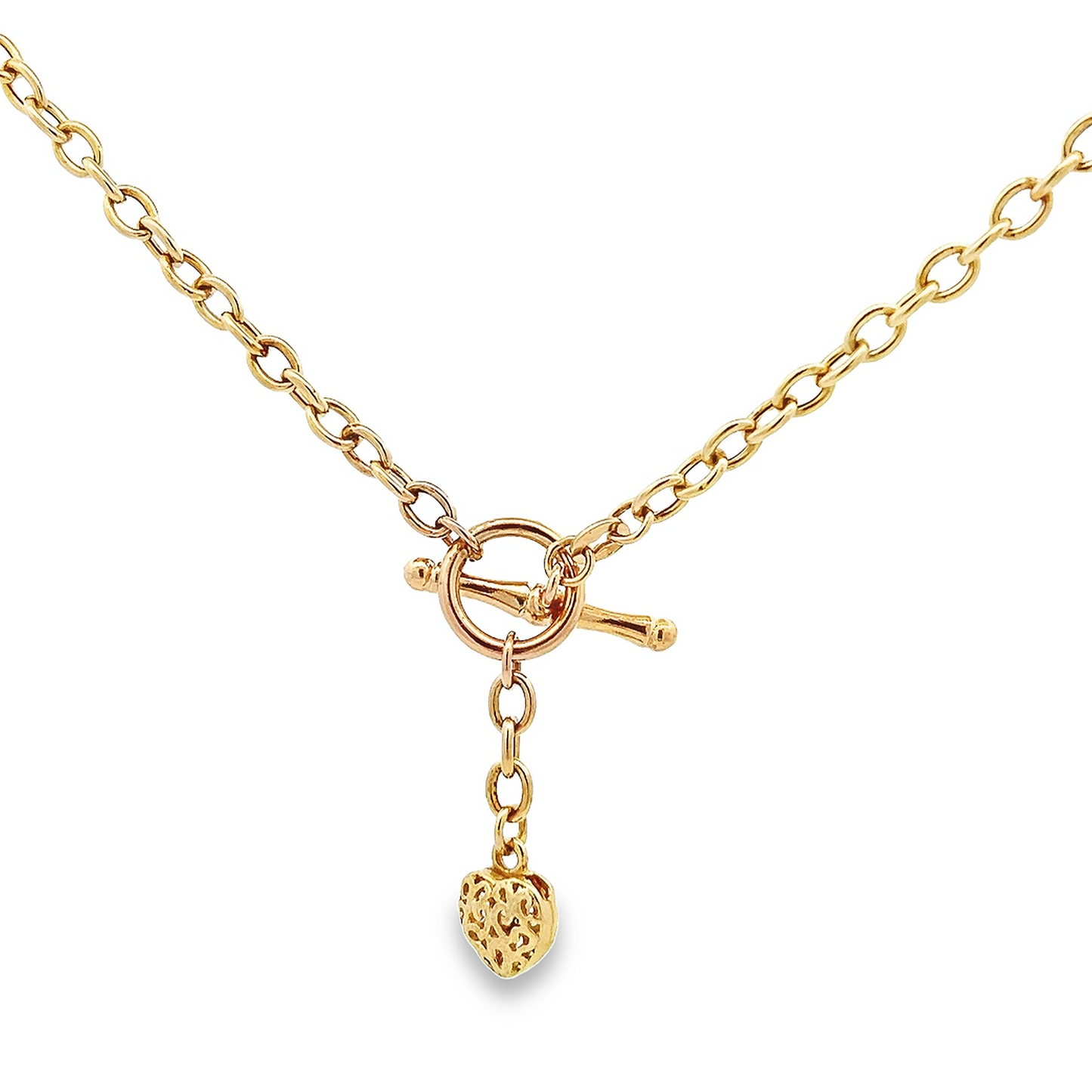 Vintage Oval Belcher Link 9ct Gold Puffy Heart and T-Bar Necklace