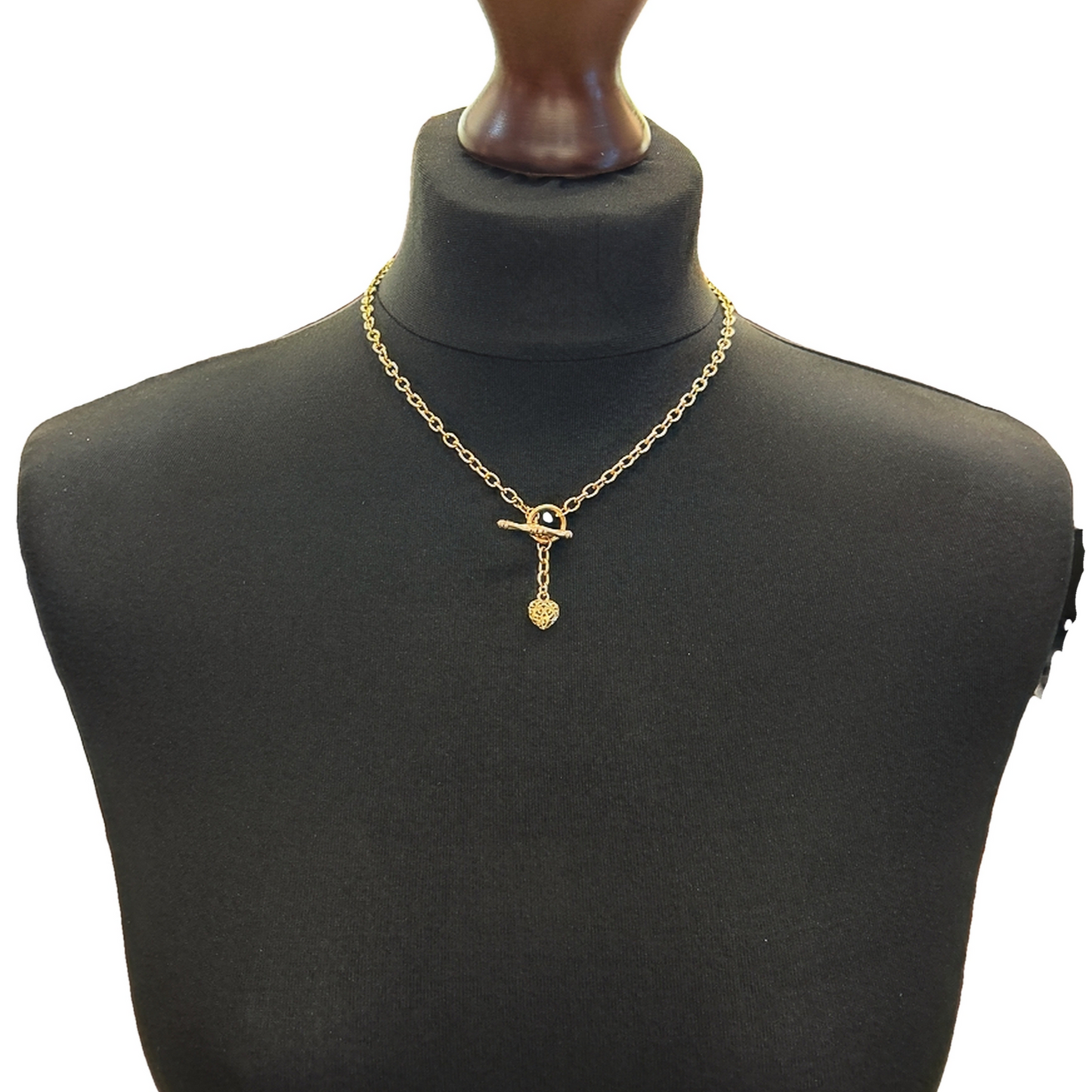 Vintage Oval Belcher Link 9ct Gold Puffy Heart and T-Bar Necklace
