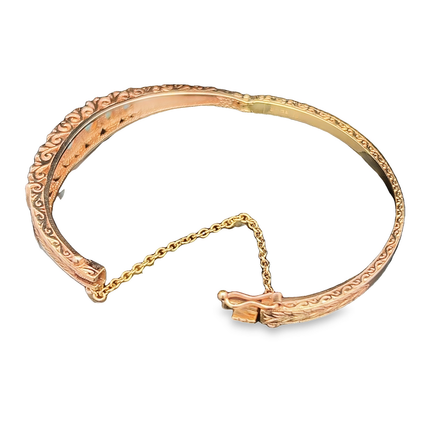 Vintage 9ct Gold Victorian Style Opal & Diamond Carved Bangle