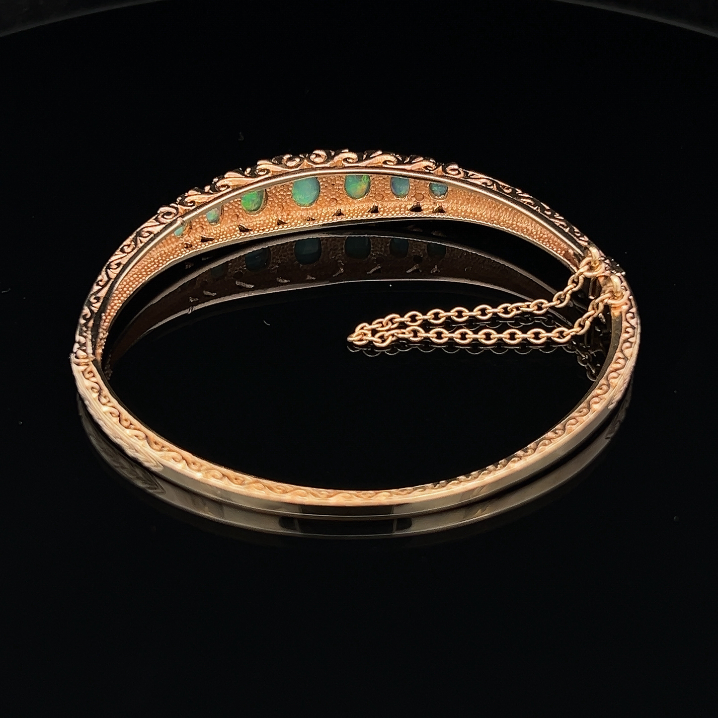 Vintage 9ct Gold Victorian Style Opal & Diamond Carved Bangle