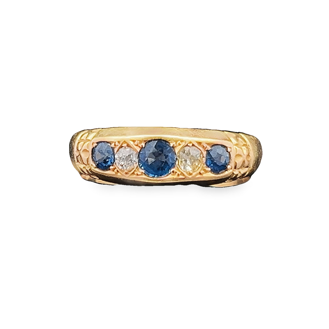 Antique Edwardian Five Stone Sapphire and Diamond 18ct Gold Gypsy Ring