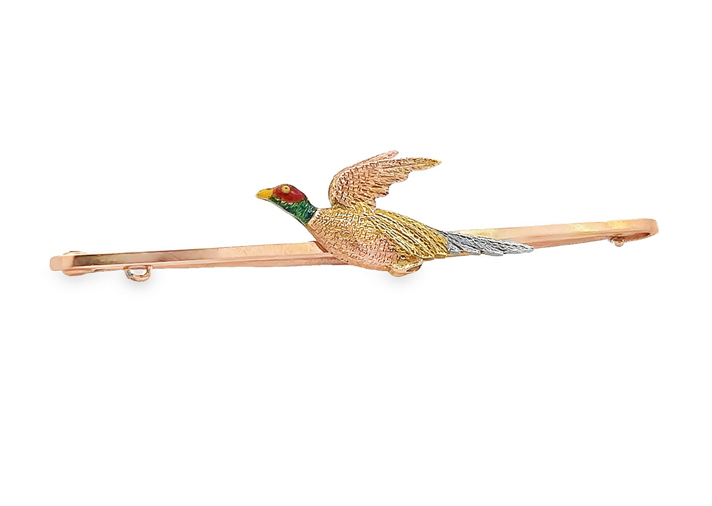 Antique Edwardian 15ct Gold & Platinum, Flying Pheasant Bar Brooch with Enamelled Head and Original Box