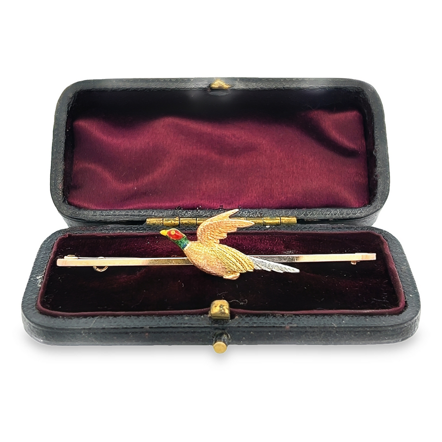 Antique Edwardian 15ct Gold & Platinum, Flying Pheasant Bar Brooch with Enamelled Head and Original Box