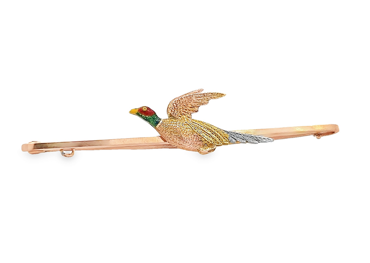 Antique Edwardian 15ct Gold & Platinum, Flying Pheasant Bar Brooch with Enamelled Head and Original Box