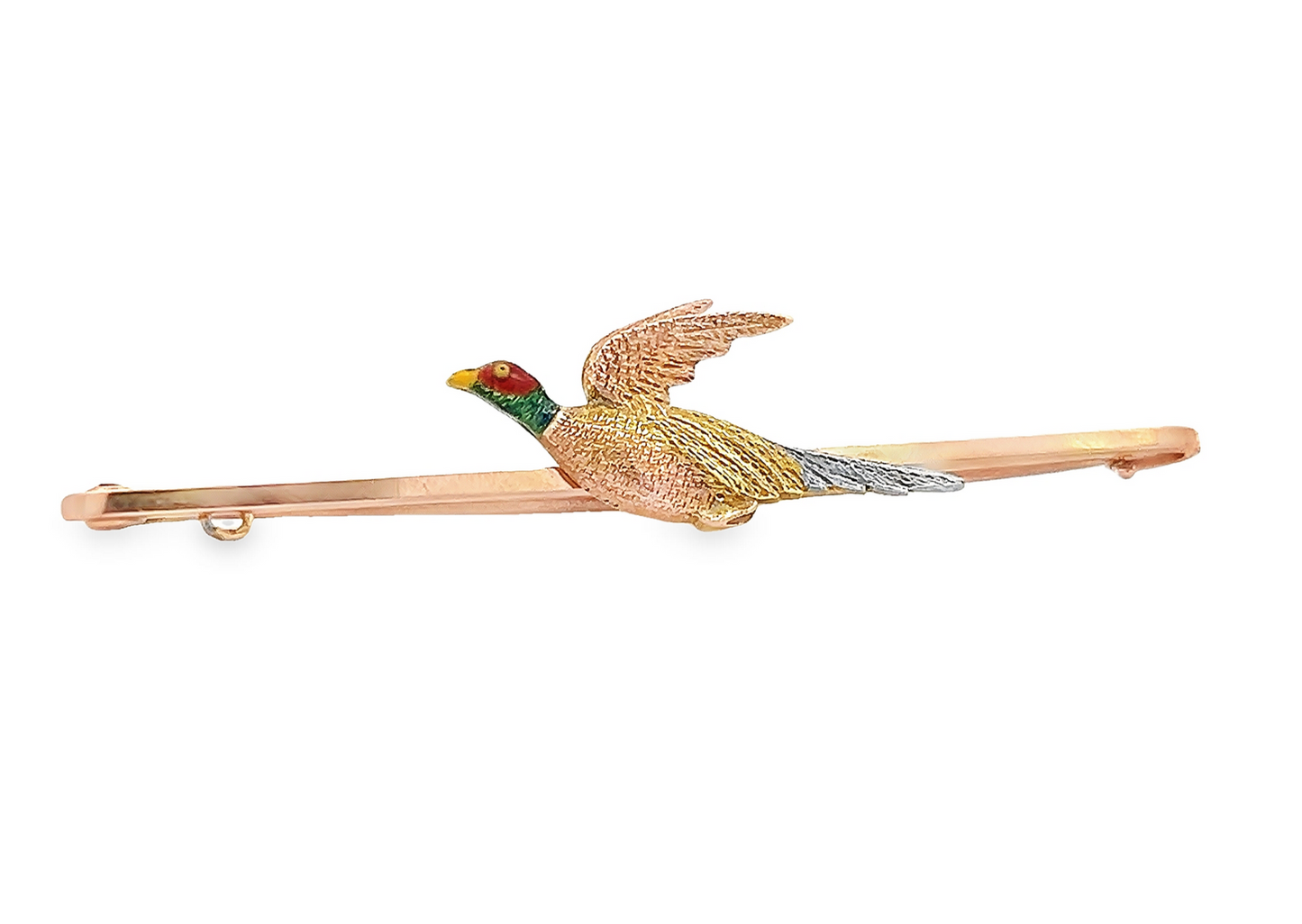 Antique Edwardian 15ct Gold & Platinum, Flying Pheasant Bar Brooch with Enamelled Head and Original Box