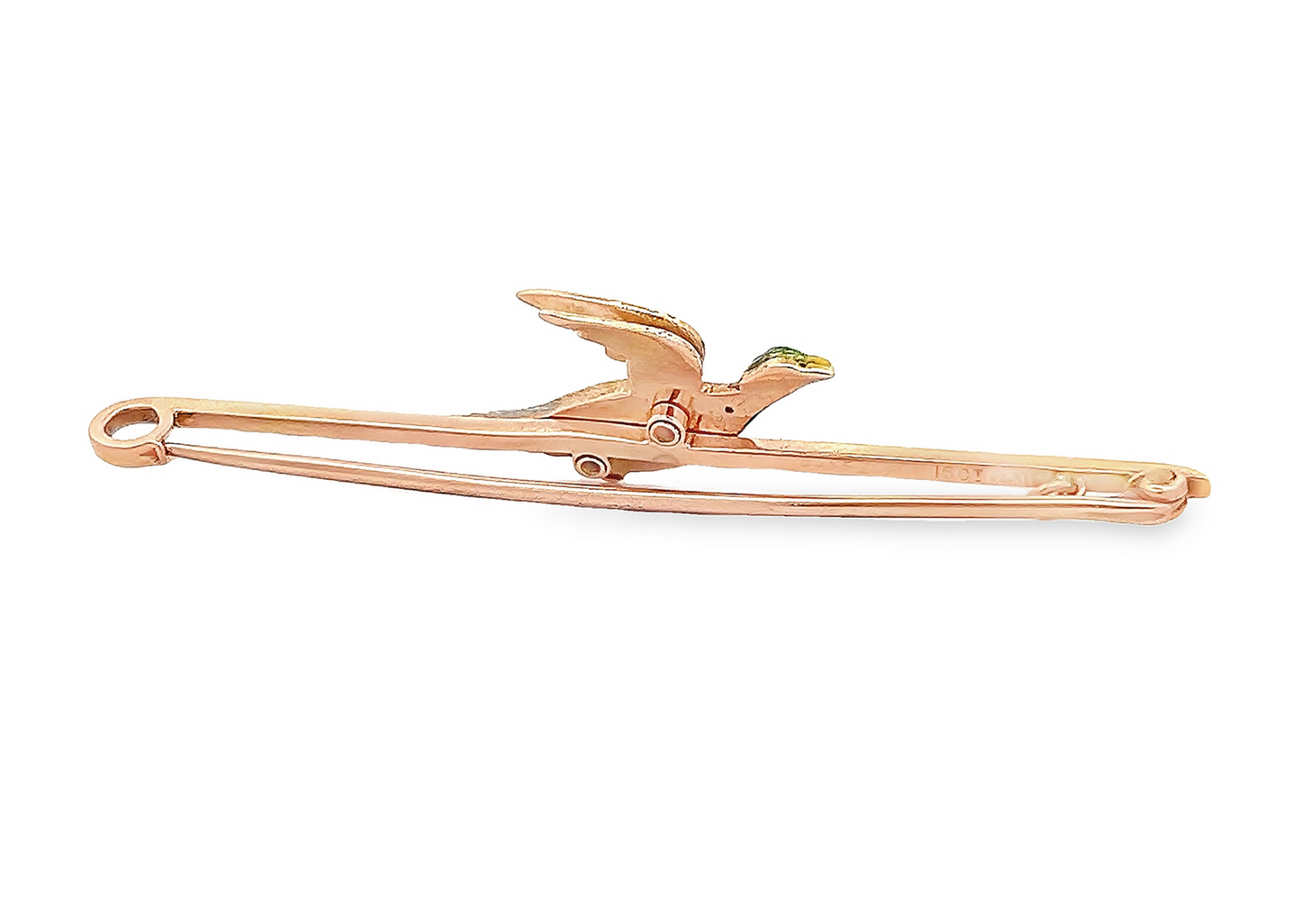 Antique Edwardian 15ct Gold & Platinum, Flying Pheasant Bar Brooch with Enamelled Head and Original Box