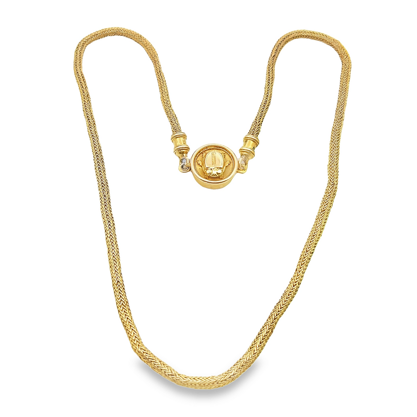 Rare Antique Victorian Etruscan Revival 15ct Gold Woven Link Necklace with Scarab Clasp