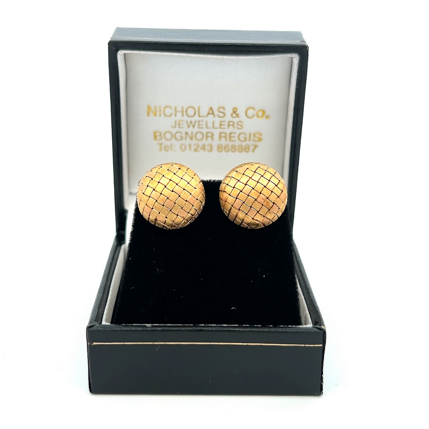 Vintage 18ct Gold Woven Textured Dome / Button Stud Earrings