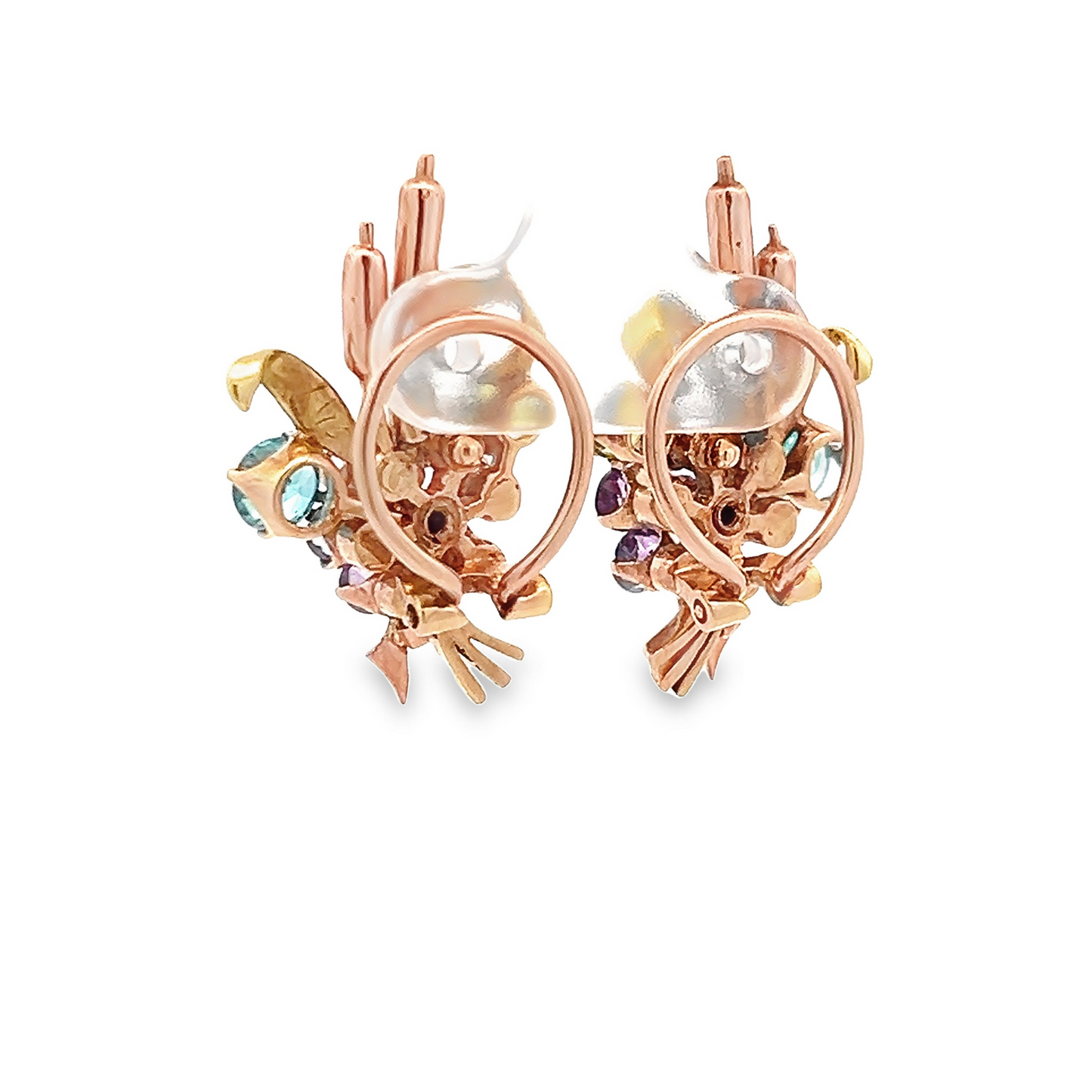 Vintage Amethyst, Citrine, Blue Zircon, Topaz 9ct Rose and Yellow Gold Wheatsheaf Ear Clips / Clip Earrings by Alabaster & Wilson