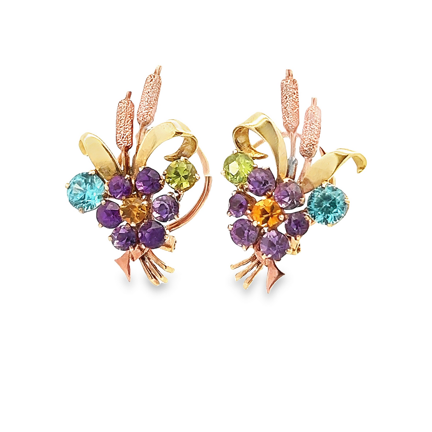 Vintage Amethyst, Citrine, Blue Zircon, Topaz 9ct Rose and Yellow Gold Wheatsheaf Ear Clips / Clip Earrings by Alabaster & Wilson