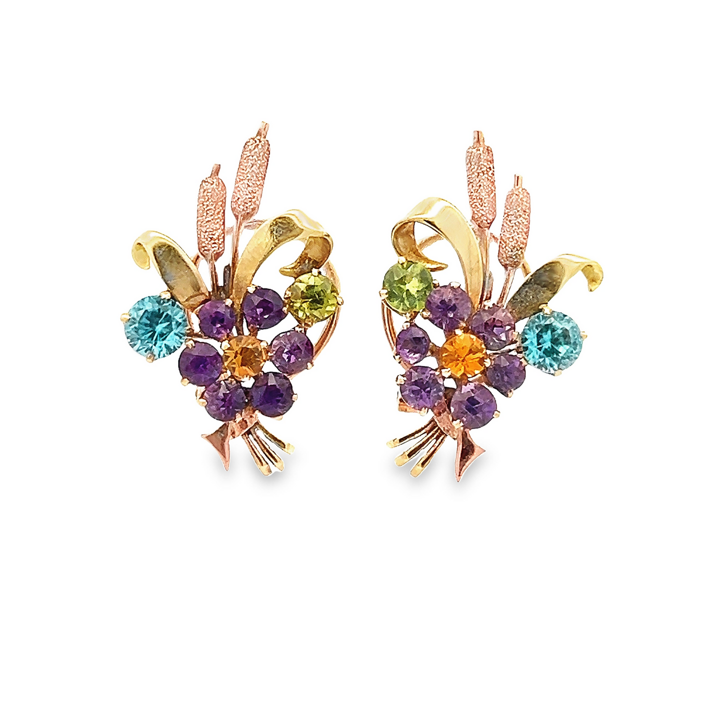 Vintage Amethyst, Citrine, Blue Zircon, Topaz 9ct Rose and Yellow Gold Wheatsheaf Ear Clips / Clip Earrings by Alabaster & Wilson