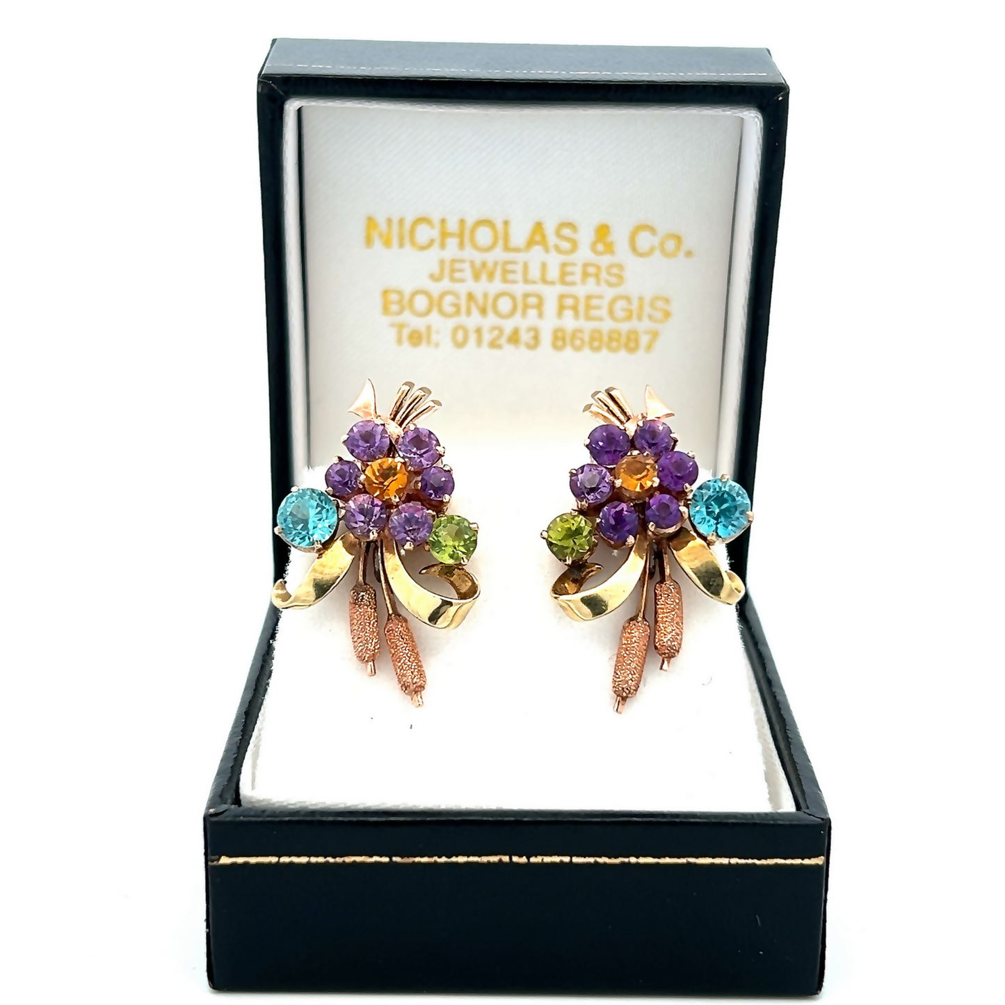Vintage Amethyst, Citrine, Blue Zircon, Topaz 9ct Rose and Yellow Gold Wheatsheaf Ear Clips / Clip Earrings by Alabaster & Wilson
