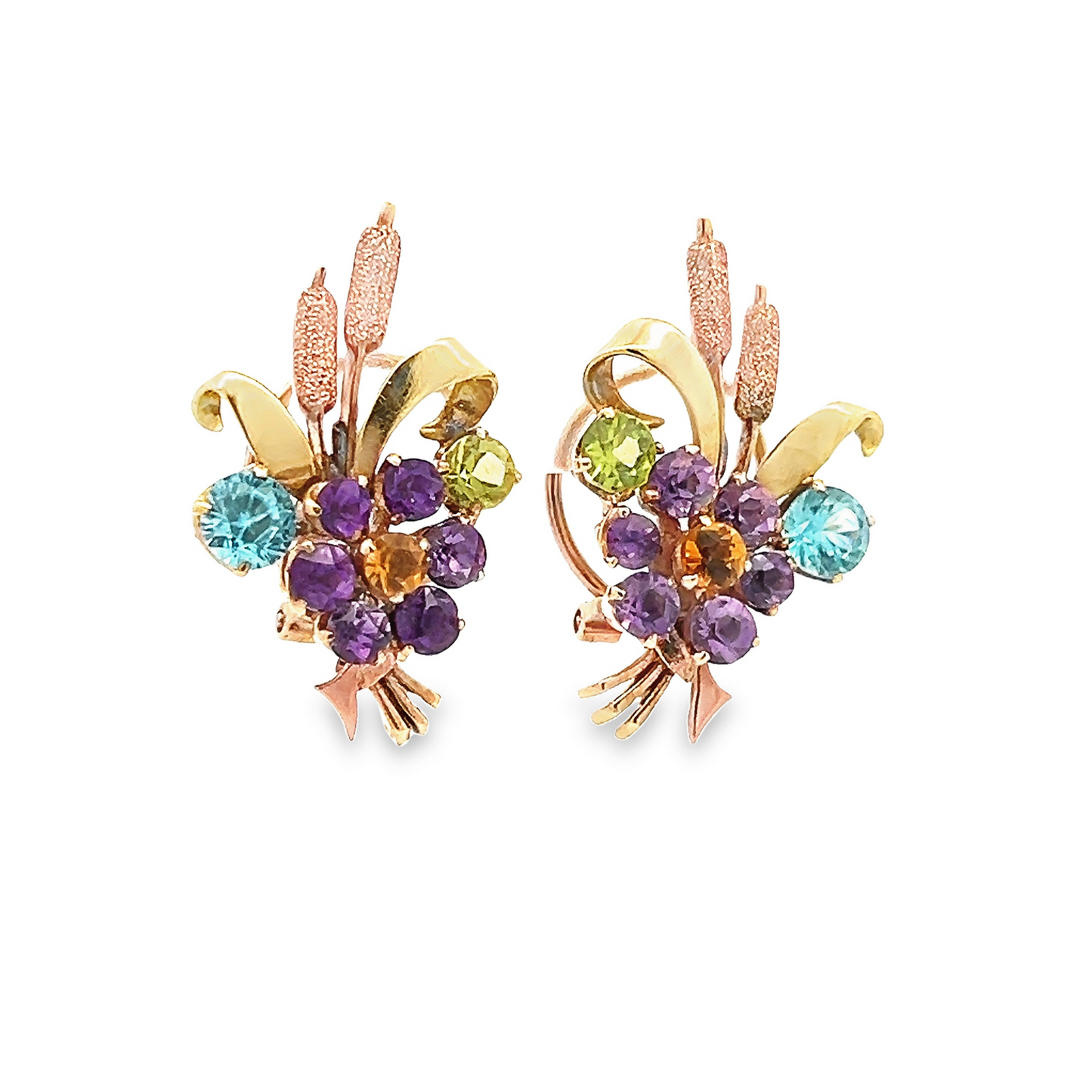 Vintage Amethyst, Citrine, Blue Zircon, Topaz 9ct Rose and Yellow Gold Wheatsheaf Ear Clips / Clip Earrings by Alabaster & Wilson