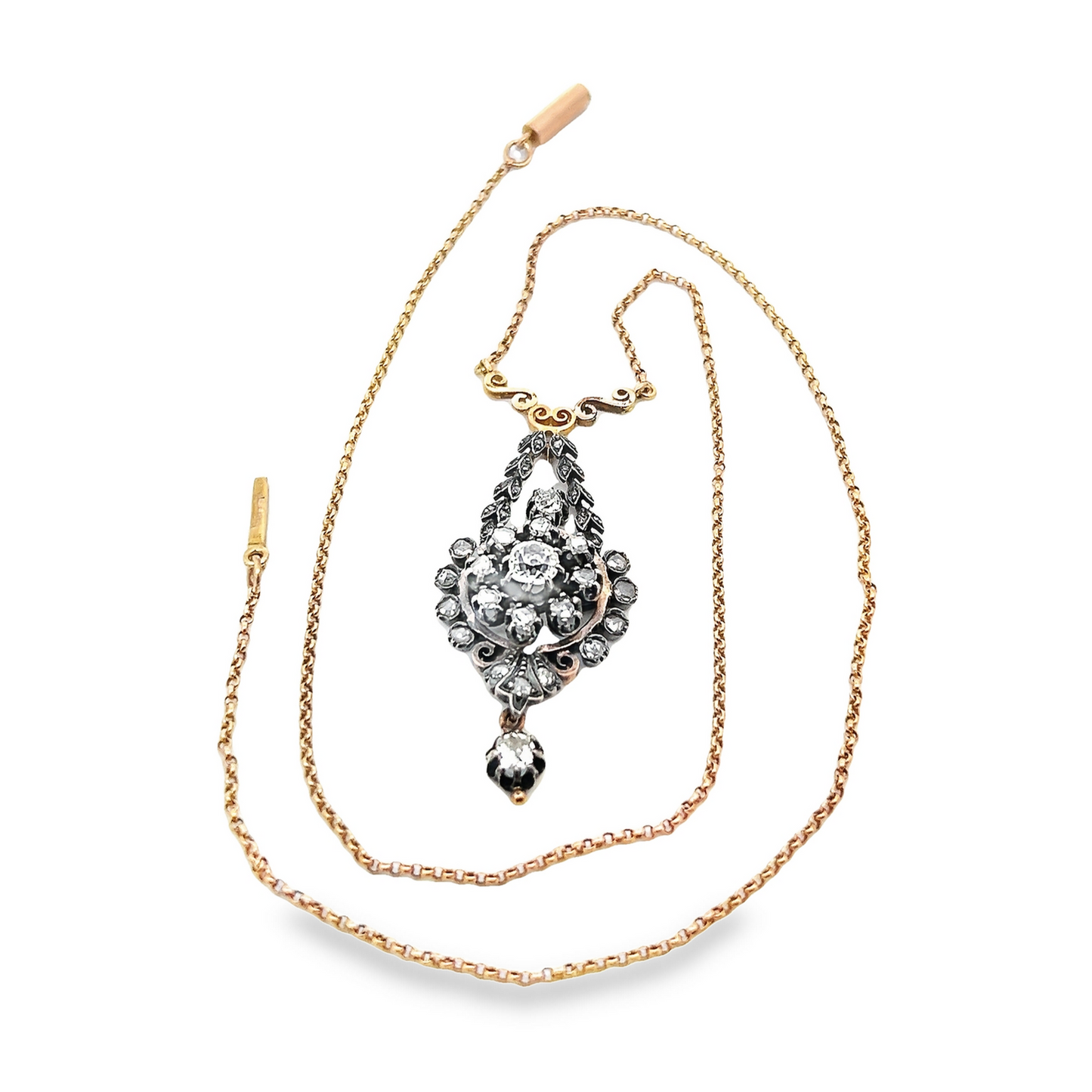 Antique Old Mine Cut Diamond Gold and Silver Floral Necklace