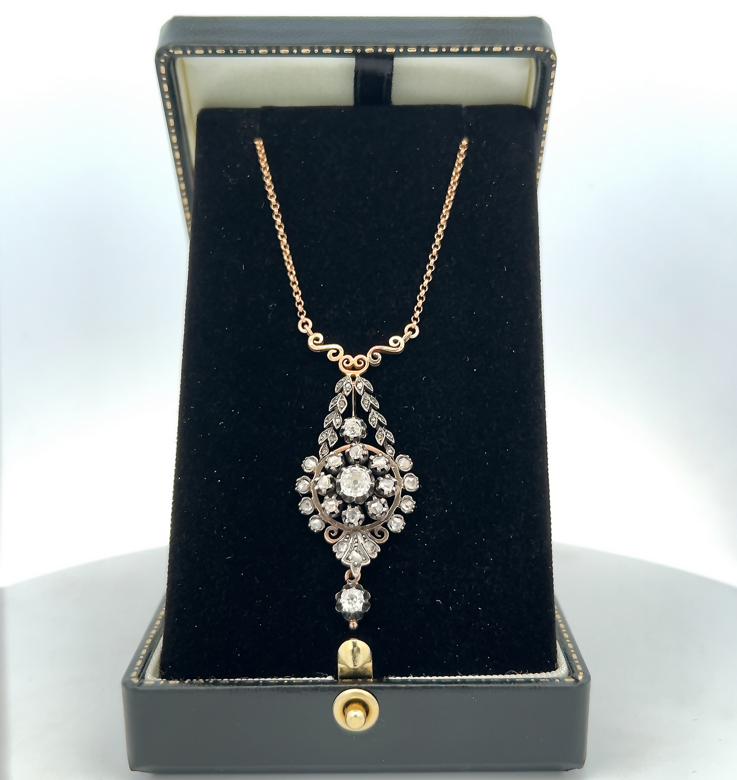 Antique Old Mine Cut Diamond Gold and Silver Floral Necklace