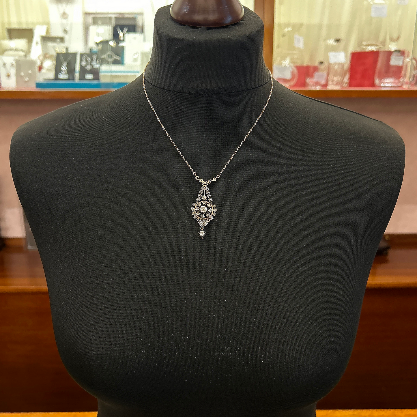 Antique Old Mine Cut Diamond Gold and Silver Floral Necklace