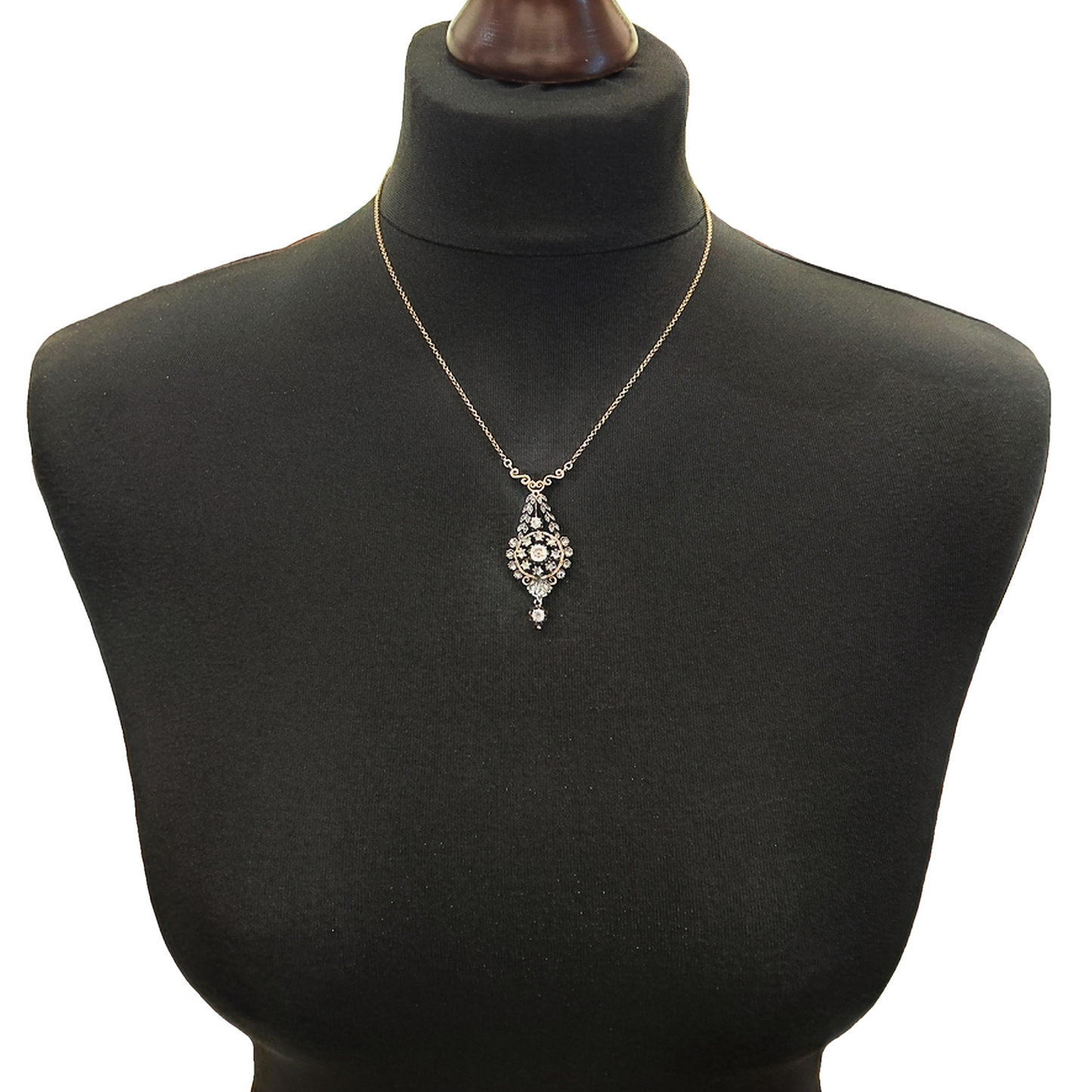 Antique Old Mine Cut Diamond Gold and Silver Floral Necklace