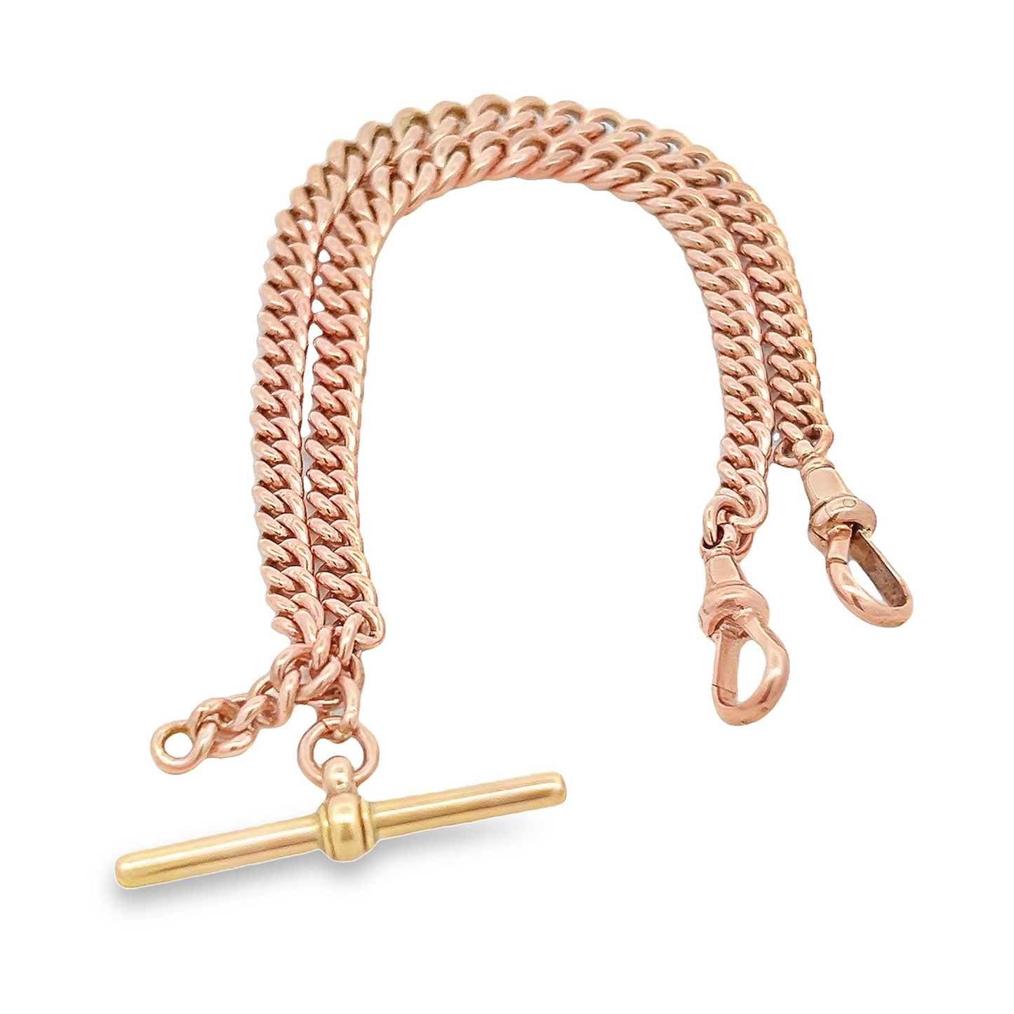 Antique Edwardian 9ct Rose Gold Graduated Curb Link Albert Watch Chain with T-Bar