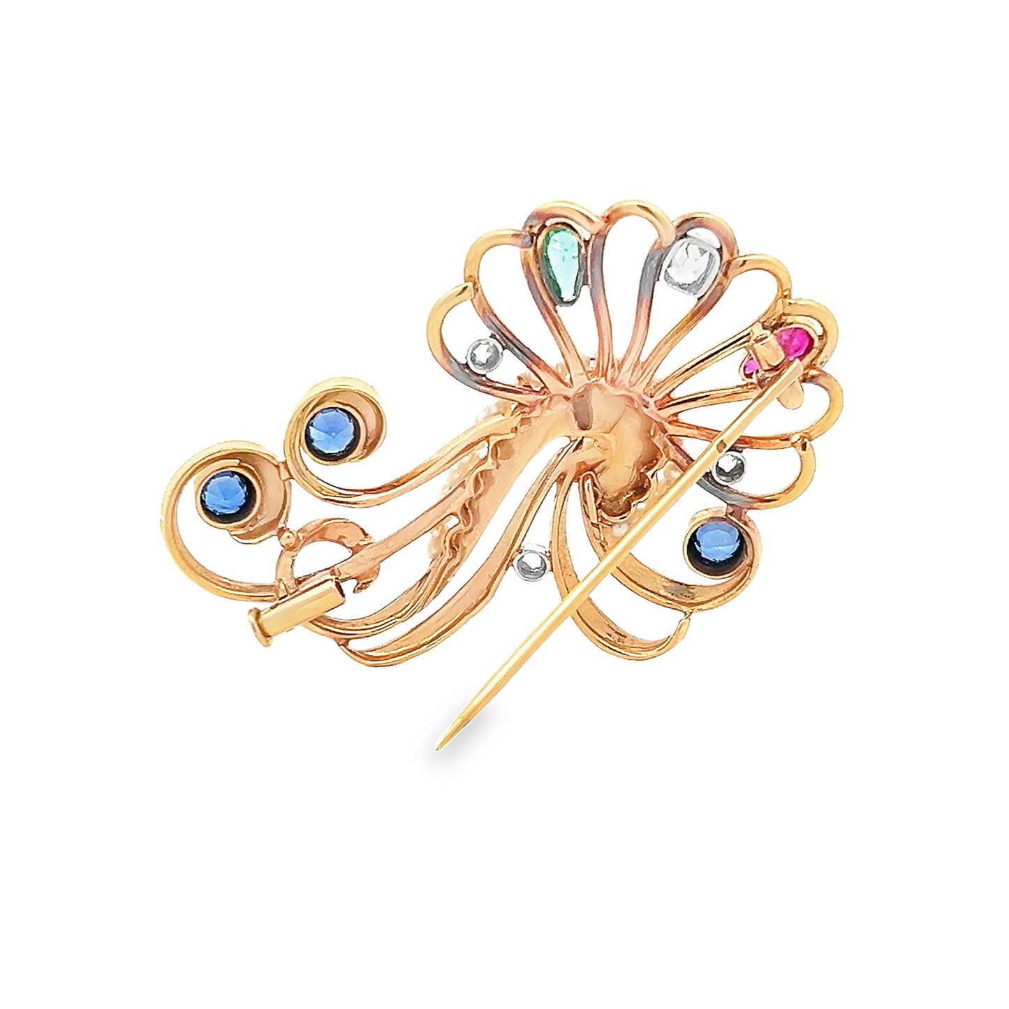 Vintage Sapphire, Diamond, Emerald, Ruby and Pearl 18ct Gold Cocktail Swirl Brooch