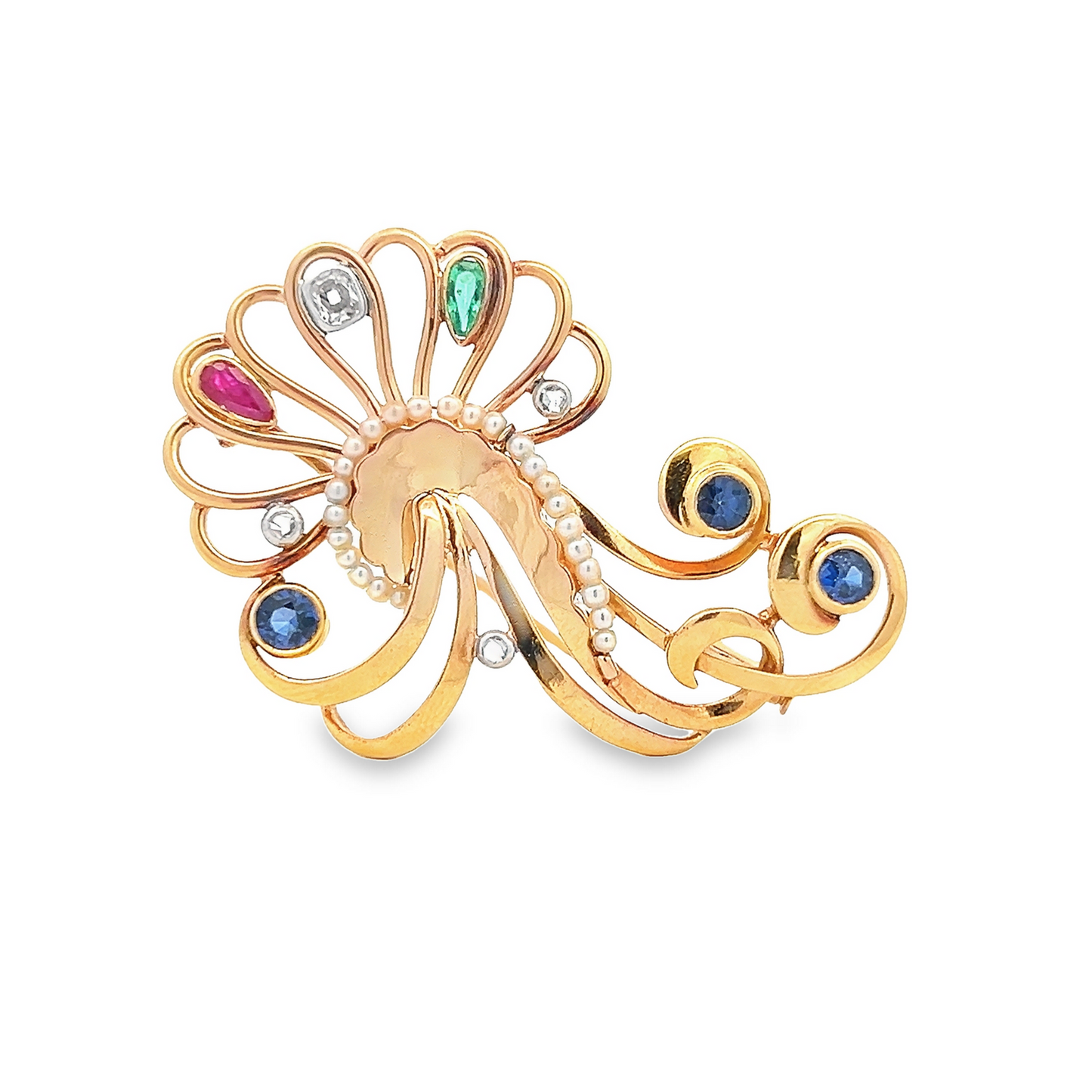 Vintage Sapphire, Diamond, Emerald, Ruby and Pearl 18ct Gold Cocktail Swirl Brooch
