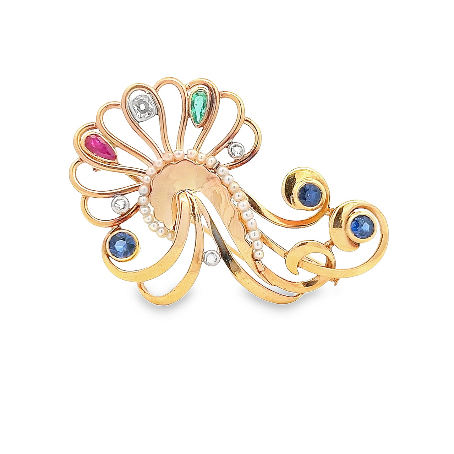 Vintage Sapphire, Diamond, Emerald, Ruby and Pearl 18ct Gold Cocktail Swirl Brooch