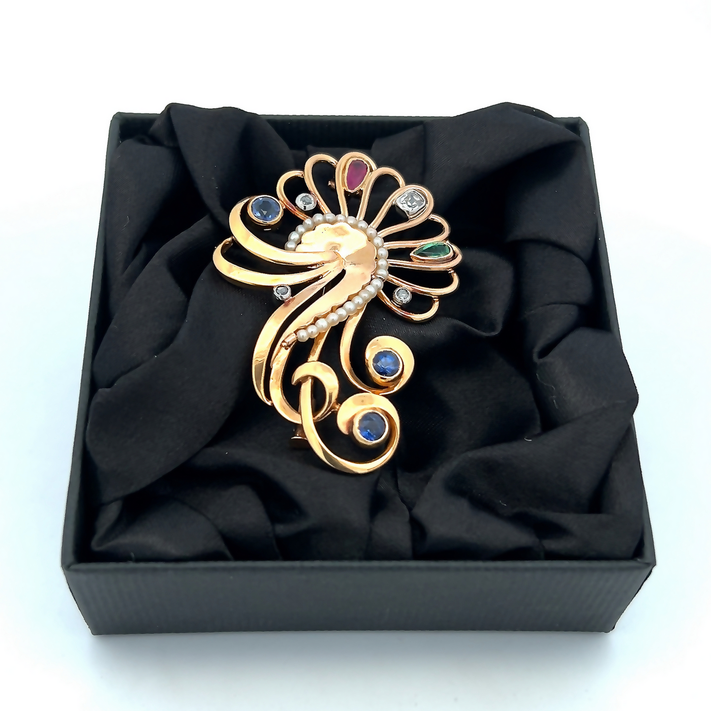 Vintage Sapphire, Diamond, Emerald, Ruby and Pearl 18ct Gold Cocktail Swirl Brooch