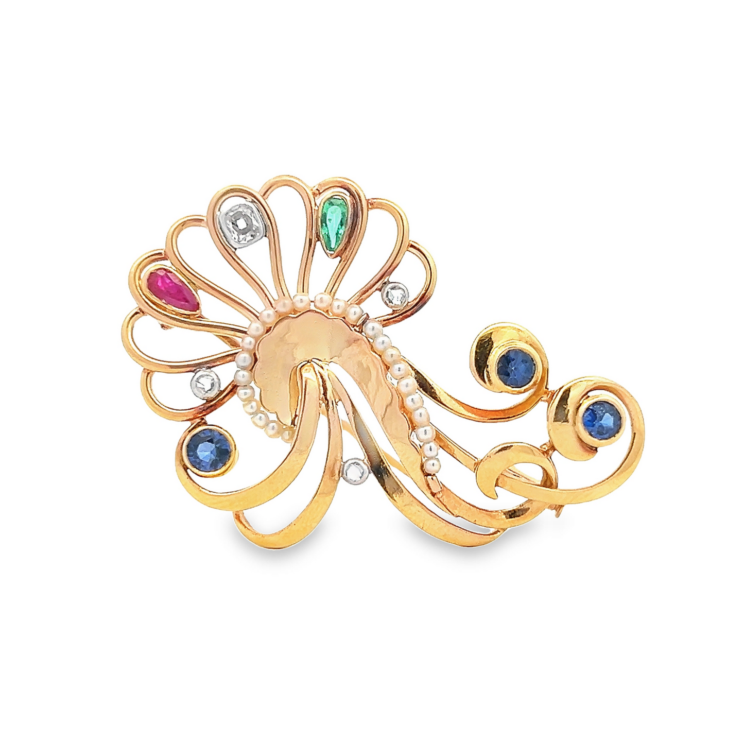 Vintage Sapphire, Diamond, Emerald, Ruby and Pearl 18ct Gold Cocktail Swirl Brooch