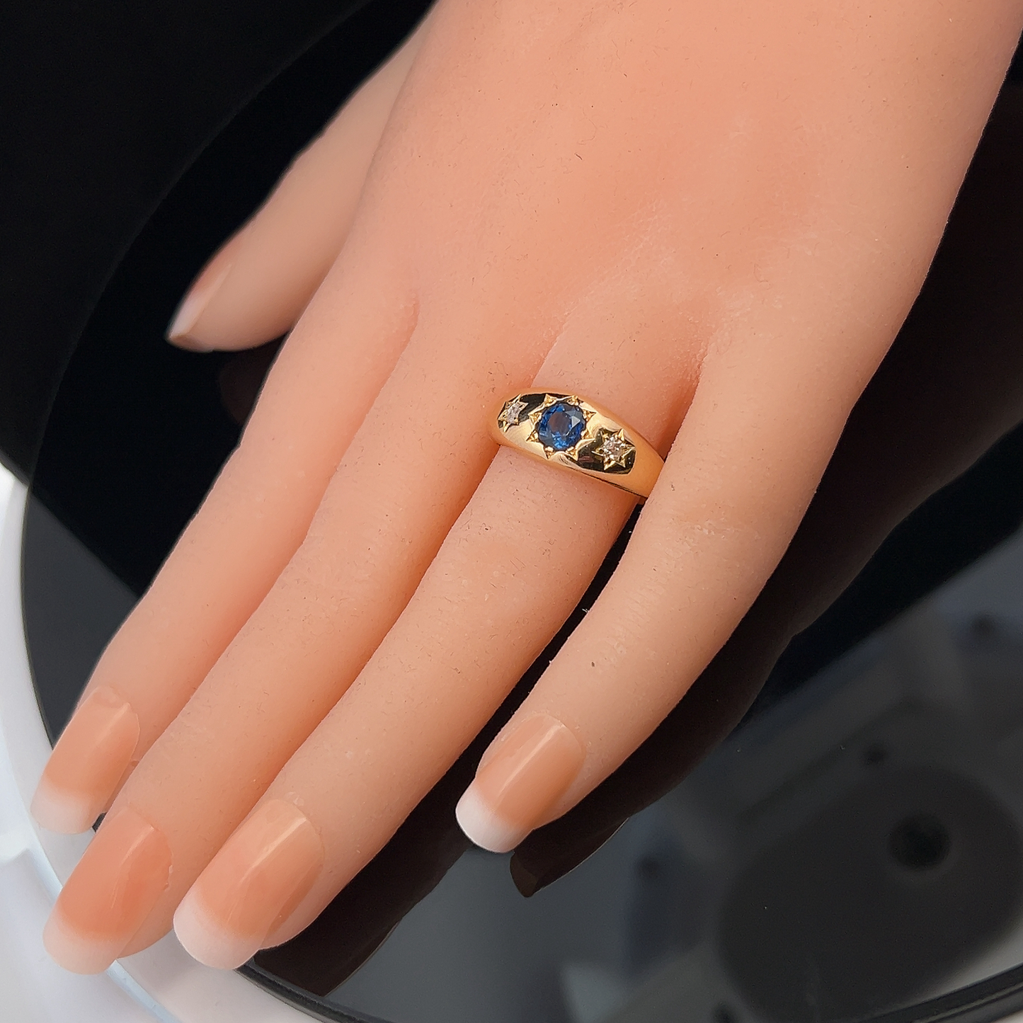Antique Sapphire and Diamond Trilogy / Three Stone 18ct Gold Gypsy Ring