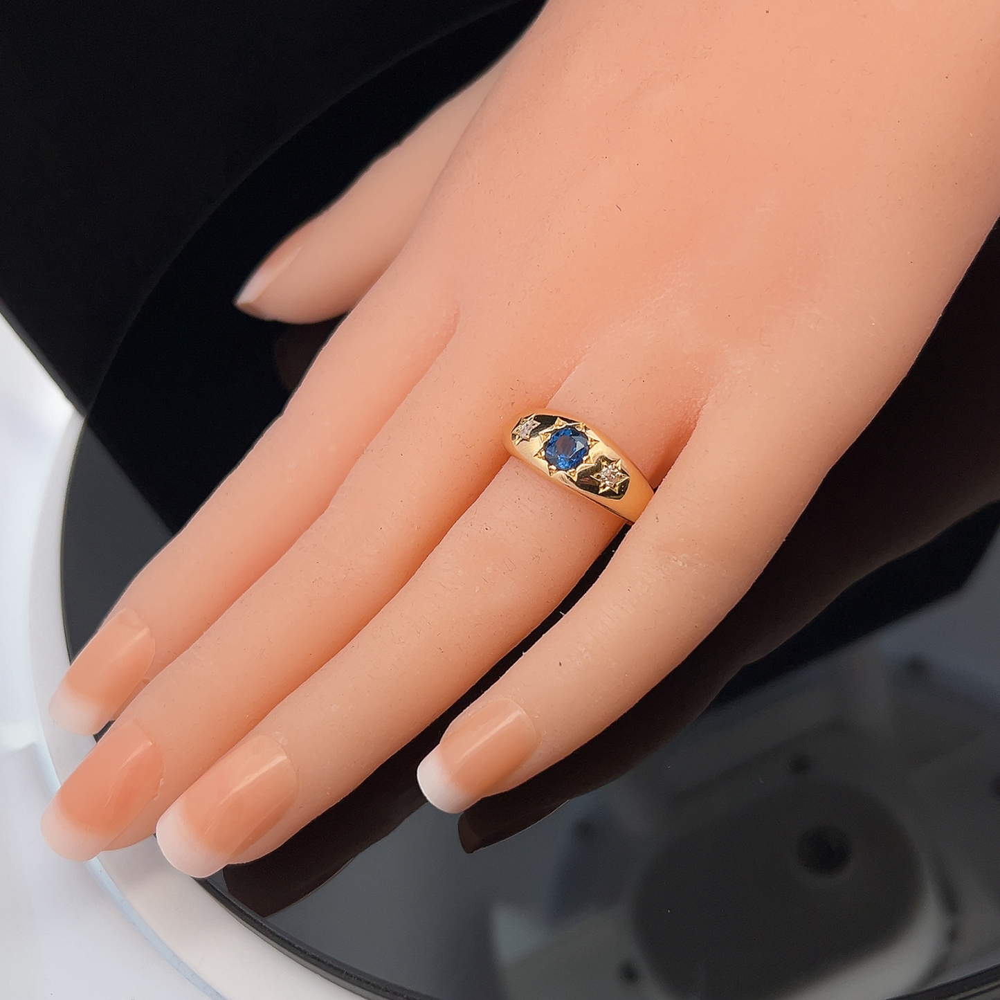 Antique Sapphire and Diamond Trilogy / Three Stone 18ct Gold Gypsy Ring