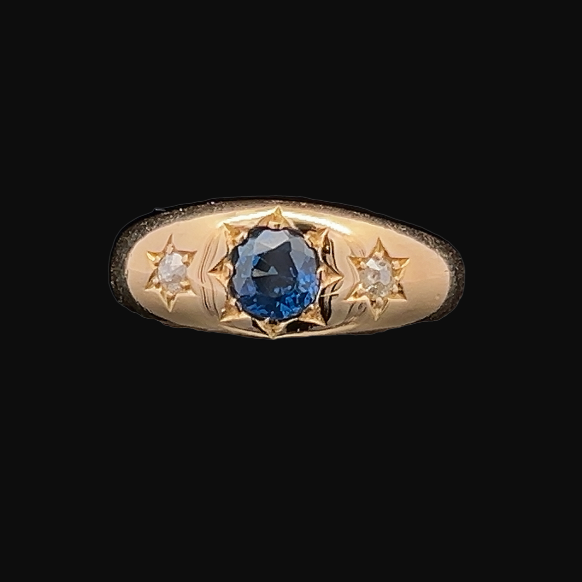 Antique Sapphire and Diamond Trilogy / Three Stone 18ct Gold Gypsy Ring